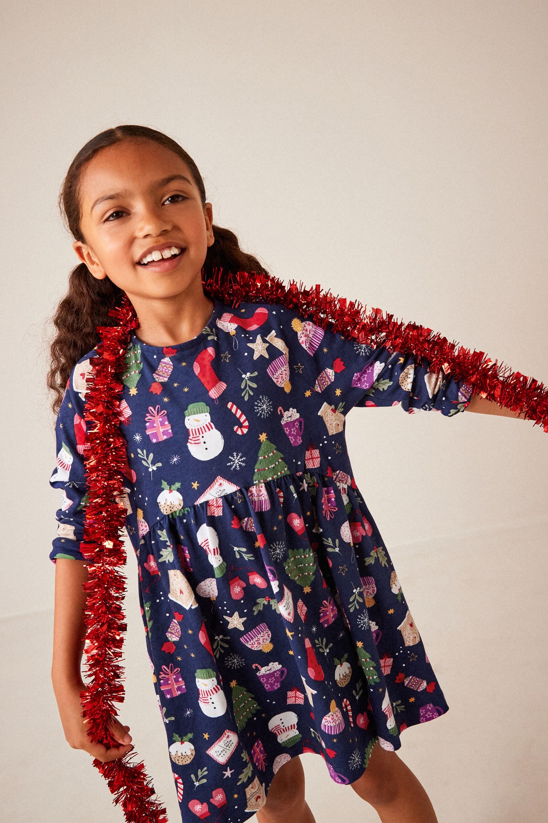 Navy Blue Christmas Print Long Sleeve Jersey Dress (3-16yrs)