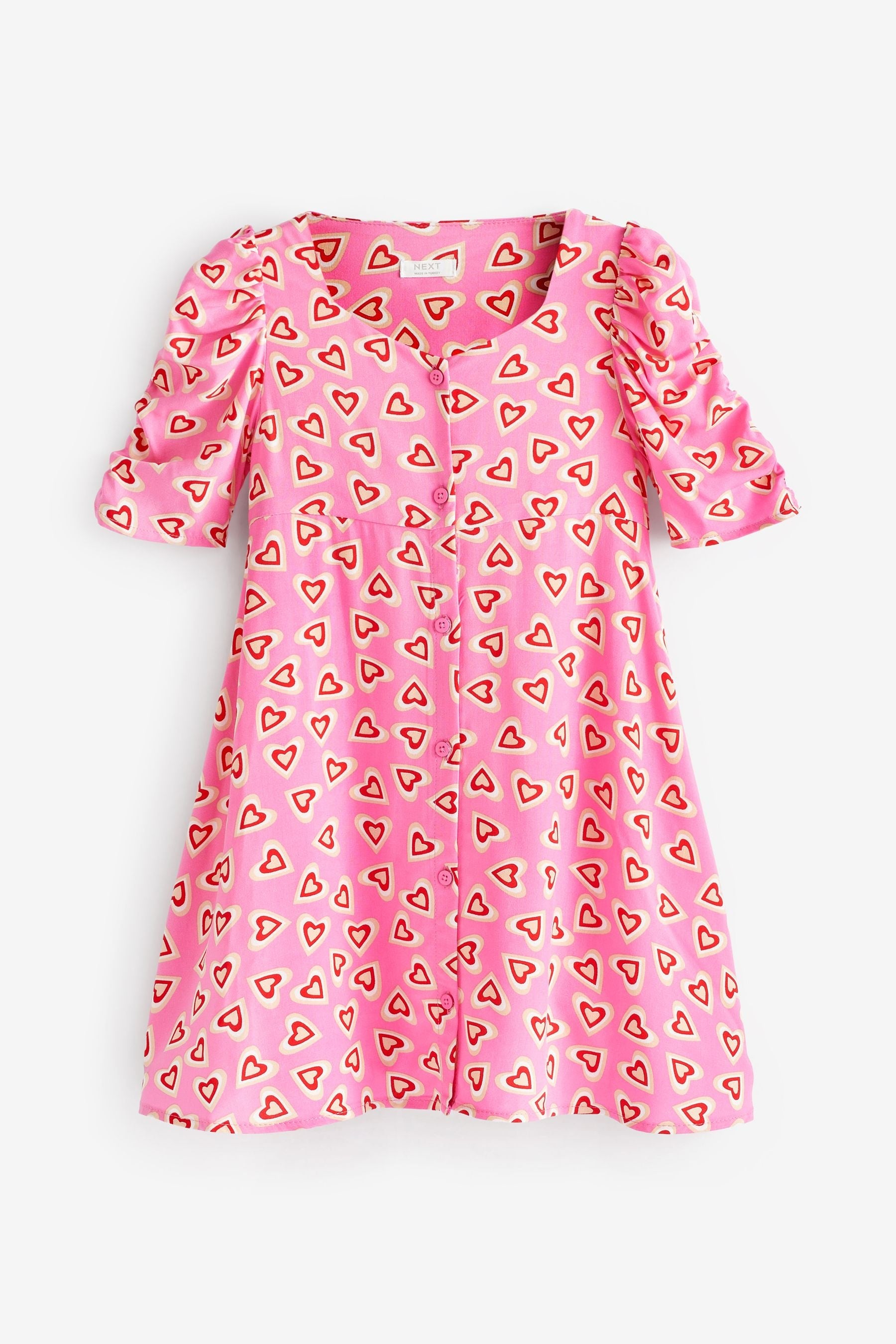 Pink/Red Heart Print Ruched Sleeve Dress (3-16yrs)