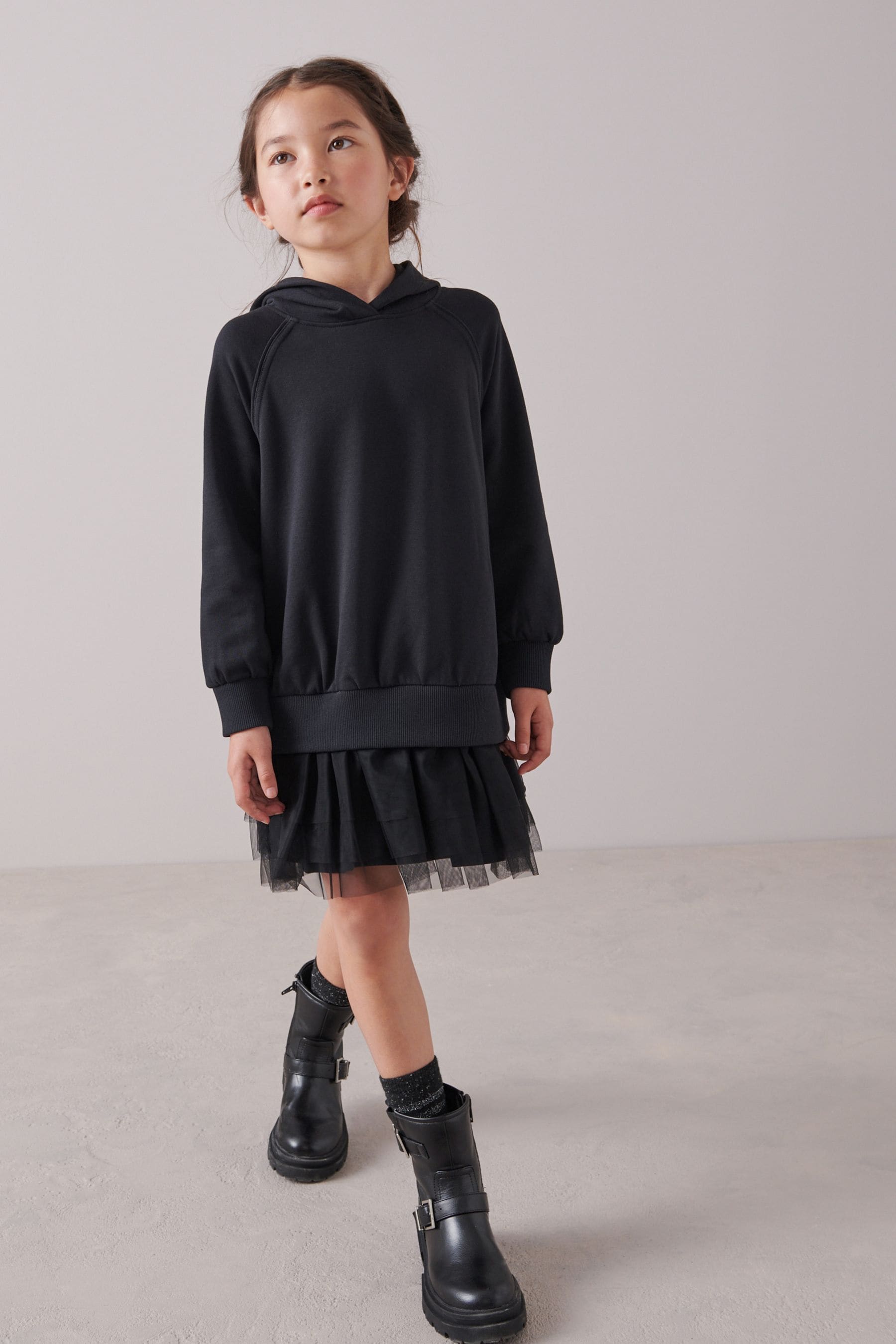 Black Hoodie Dress With Mesh Skirt (3-16yrs)