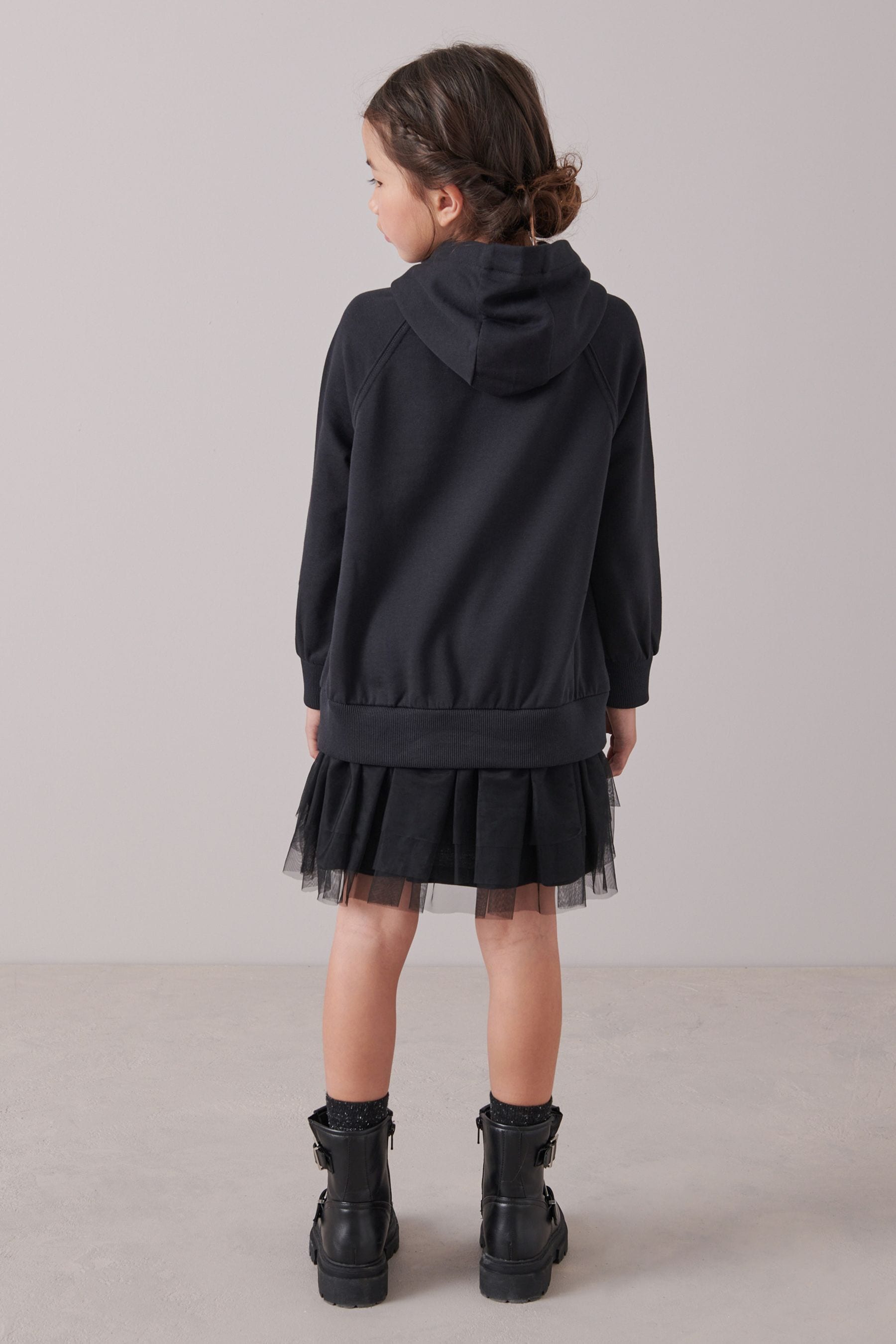 Black Hoodie Dress With Mesh Skirt (3-16yrs)