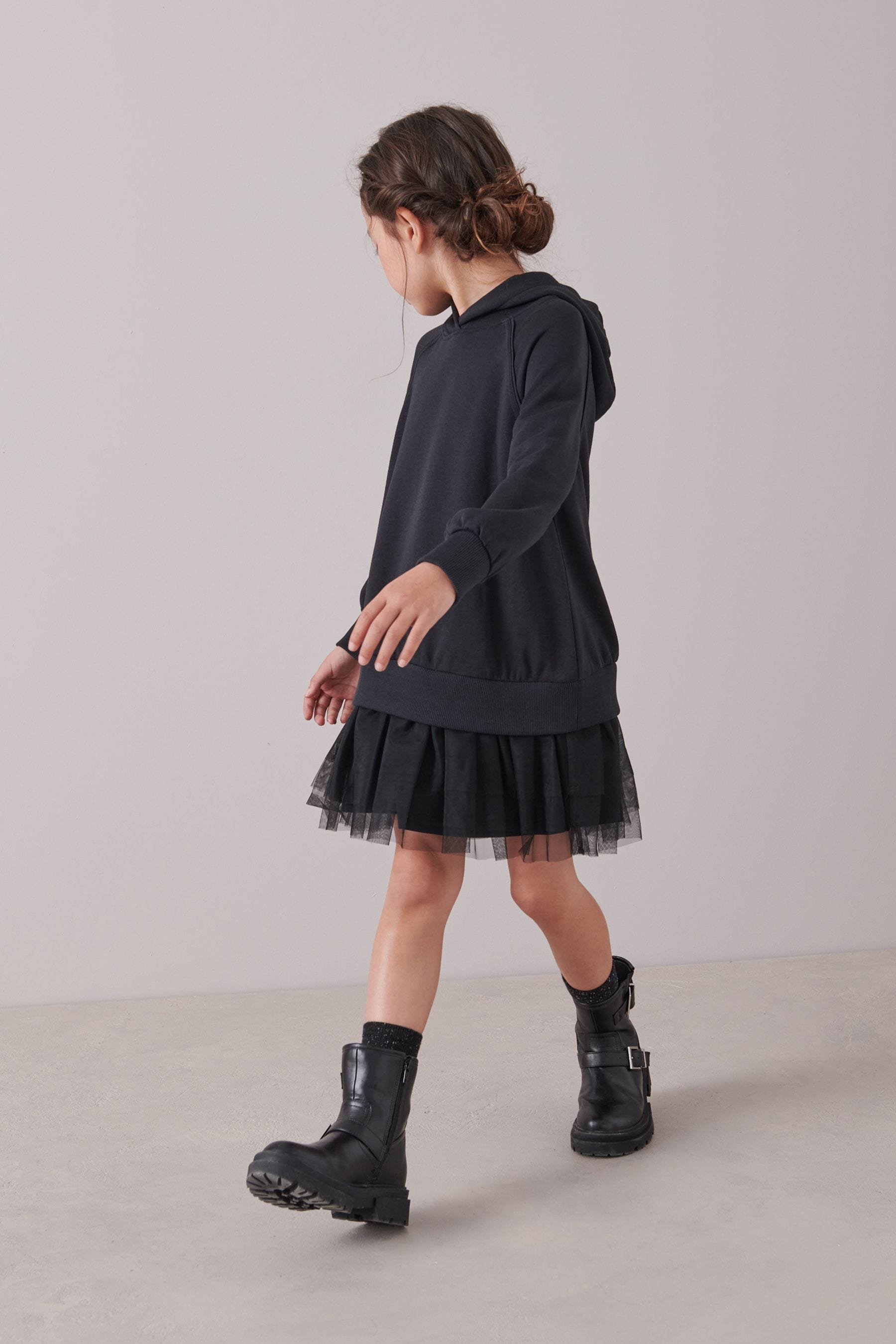 Black Hoodie Dress With Mesh Skirt (3-16yrs)