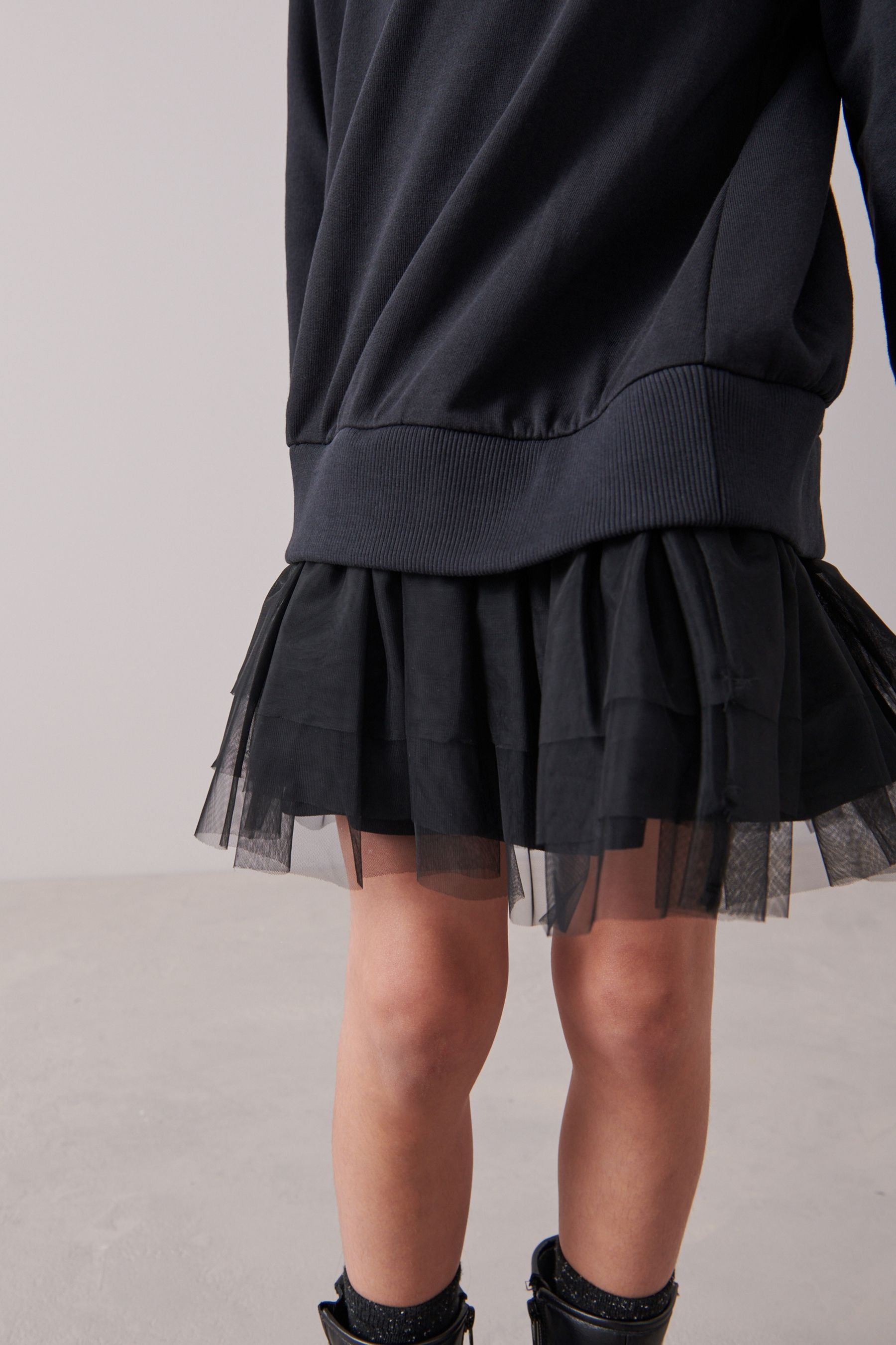 Black Hoodie Dress With Mesh Skirt (3-16yrs)