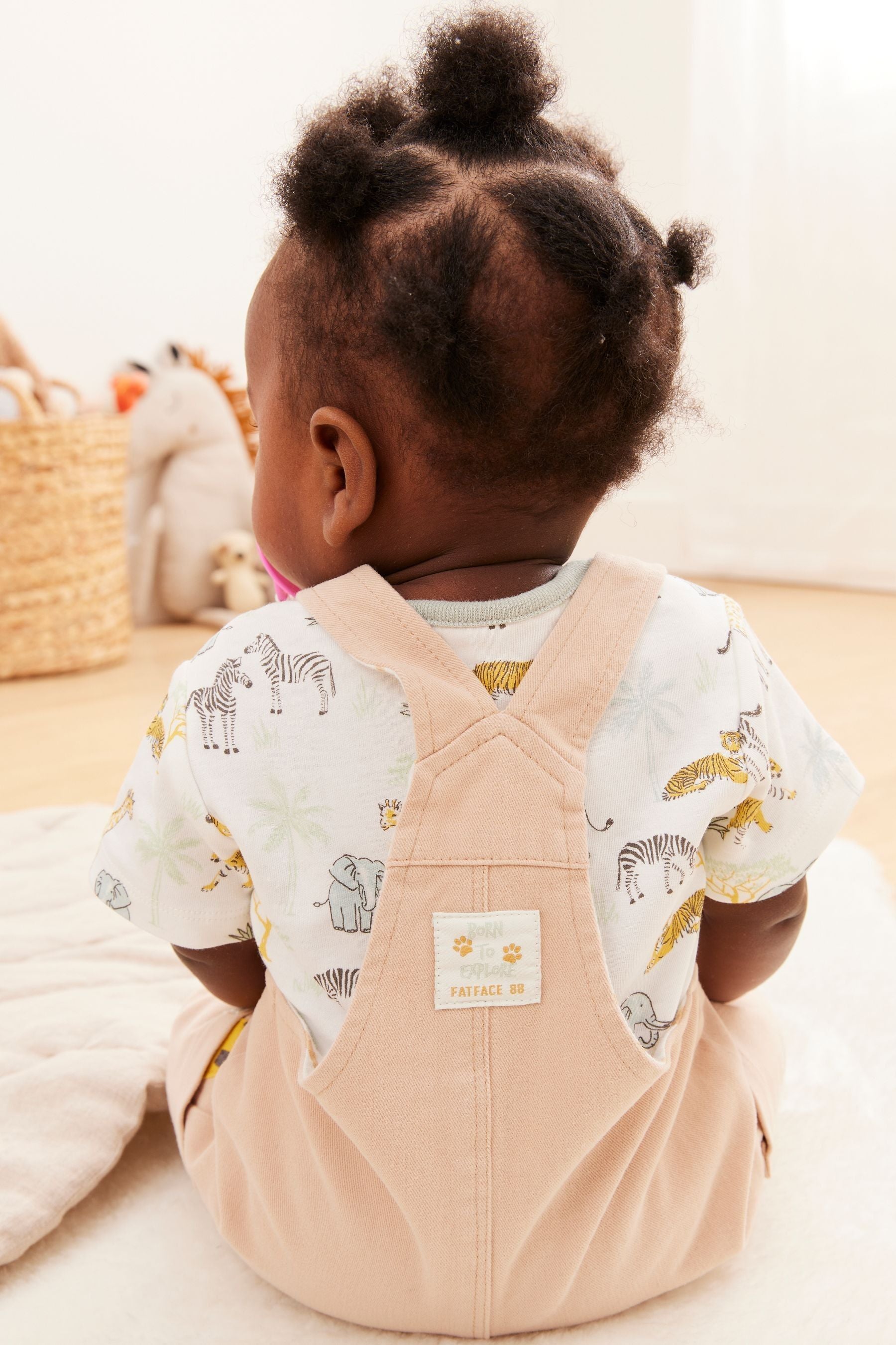 Beige FatFace Baby Crew Animal T-Shirt & Dungaree Set