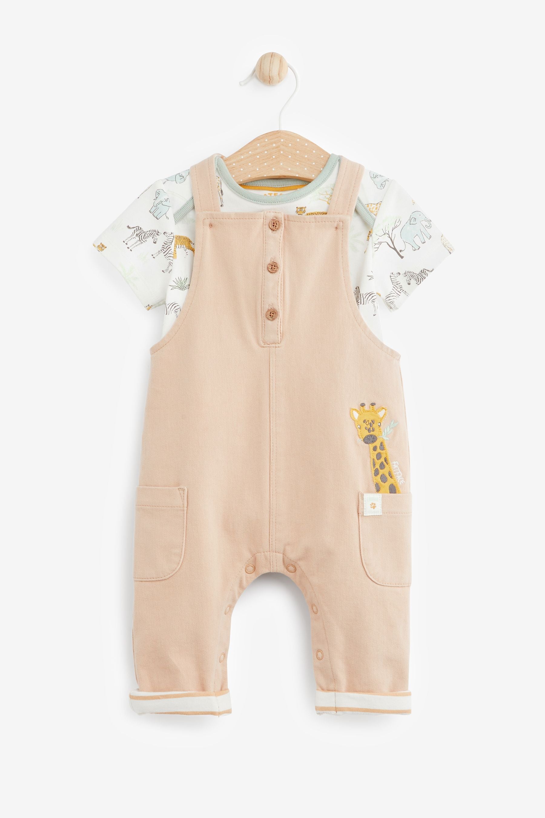 Beige FatFace Baby Crew Animal T-Shirt & Dungaree Set