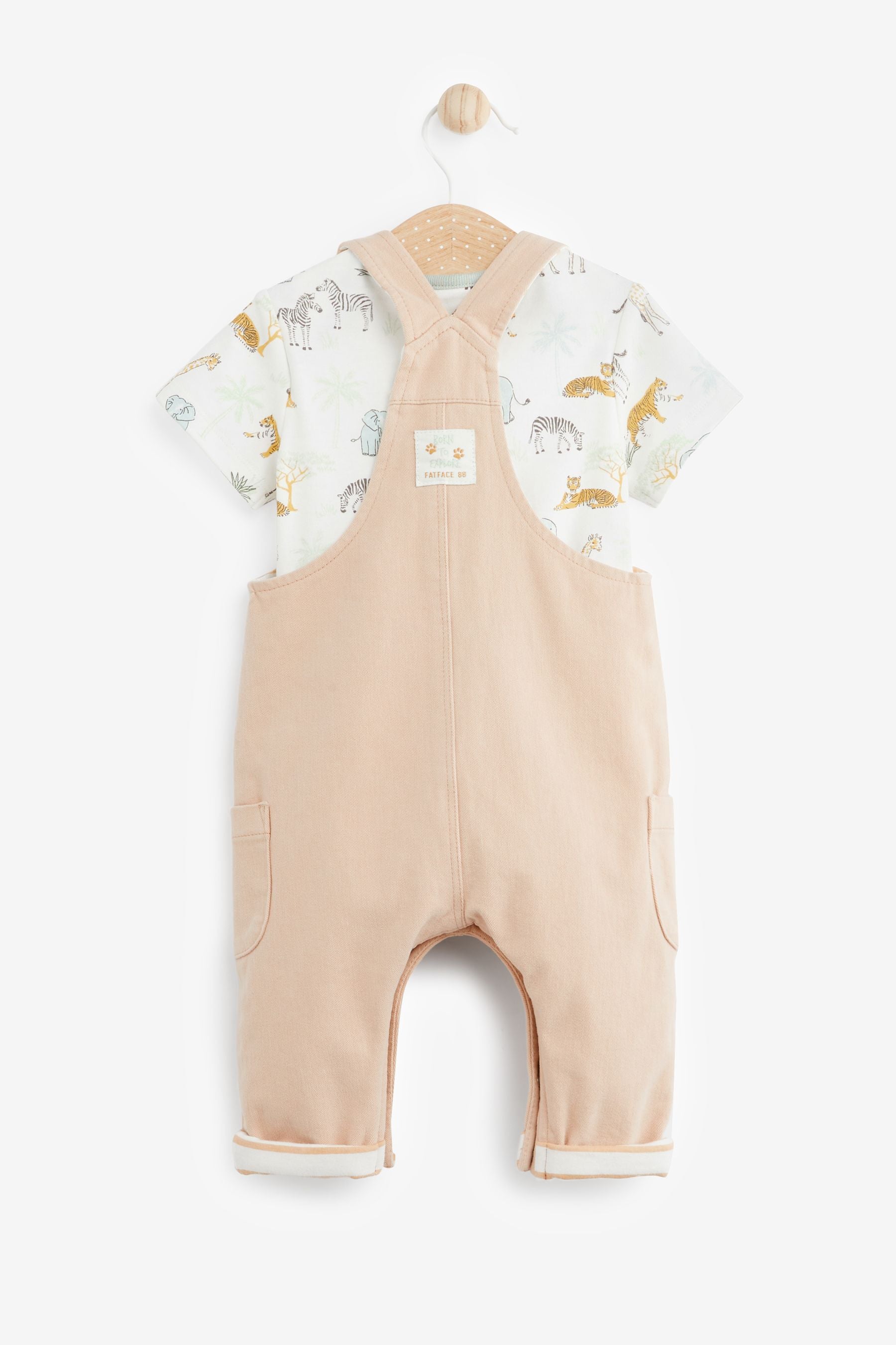 Beige FatFace Baby Crew Animal T-Shirt & Dungaree Set