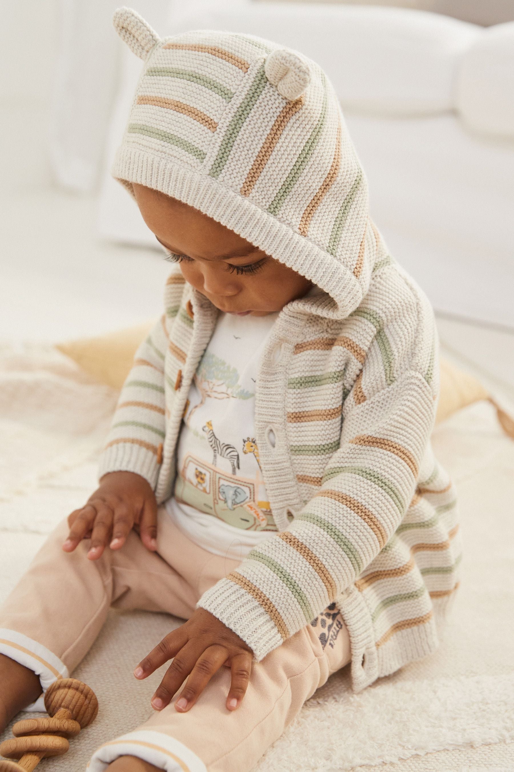 FatFace Natural Stripe Hooded Bear Cardigan