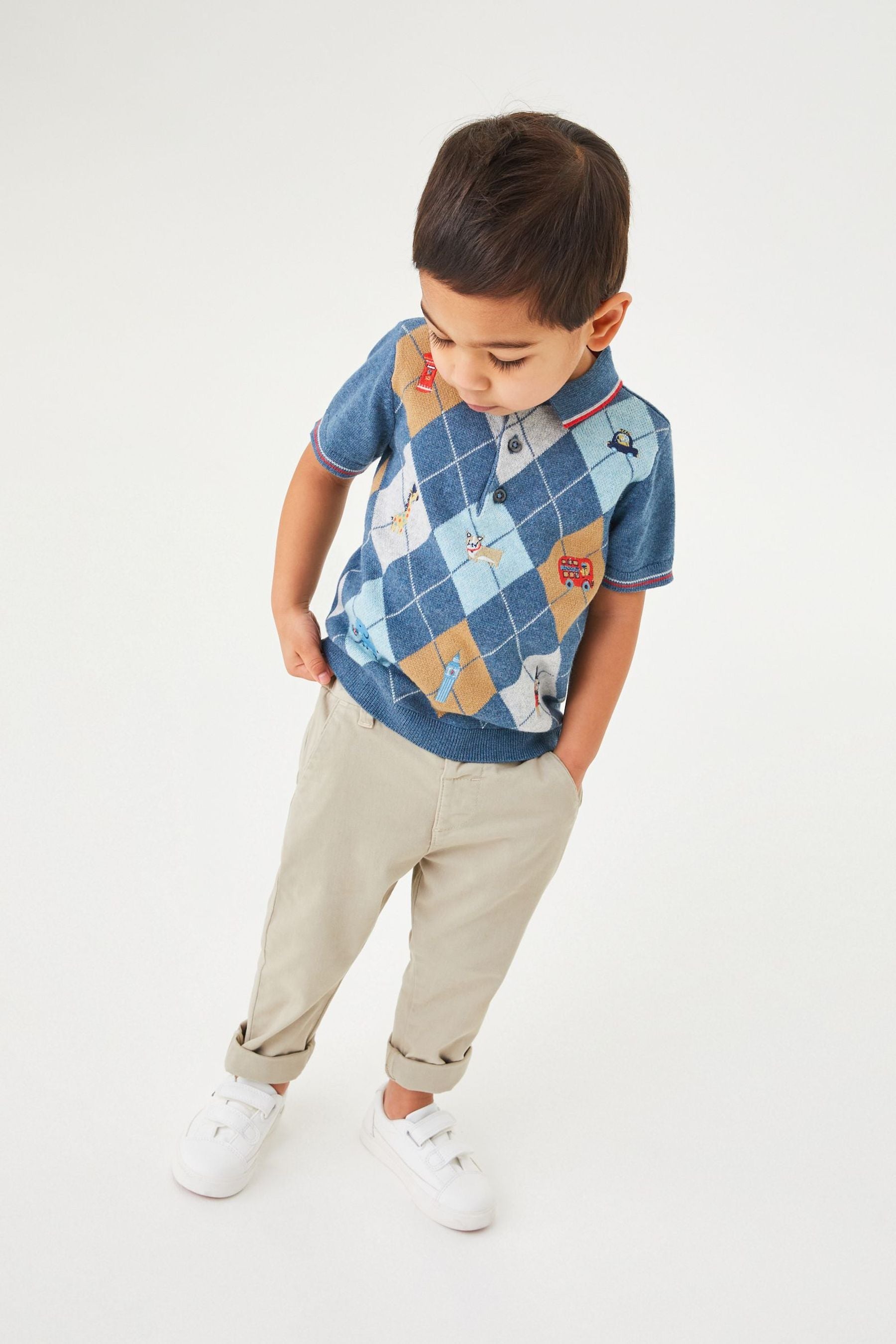 Blue Argyle Pattern Knitted Polo Shirt (3mths-7yrs)