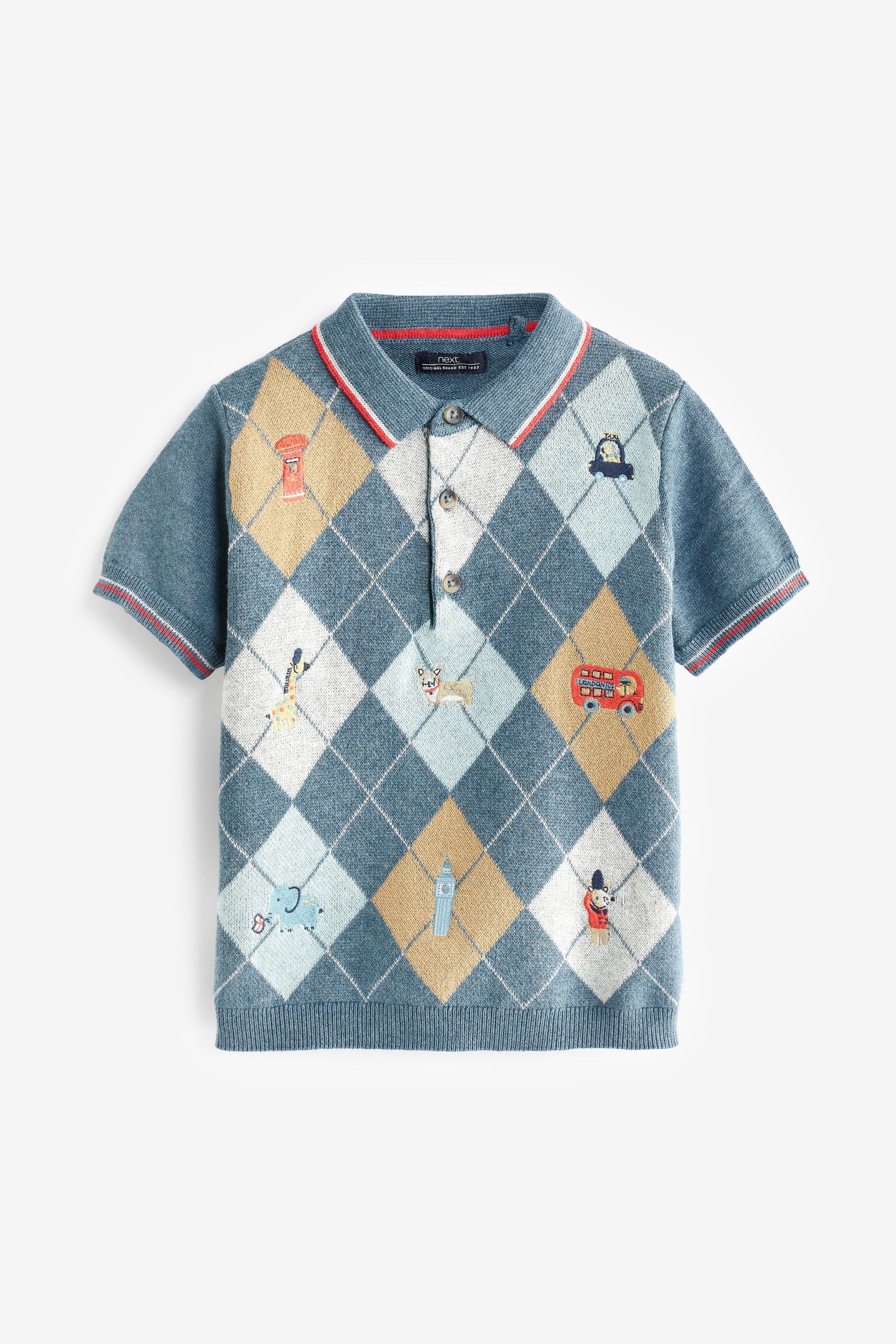 Blue Argyle Pattern Knitted Polo Shirt (3mths-7yrs)