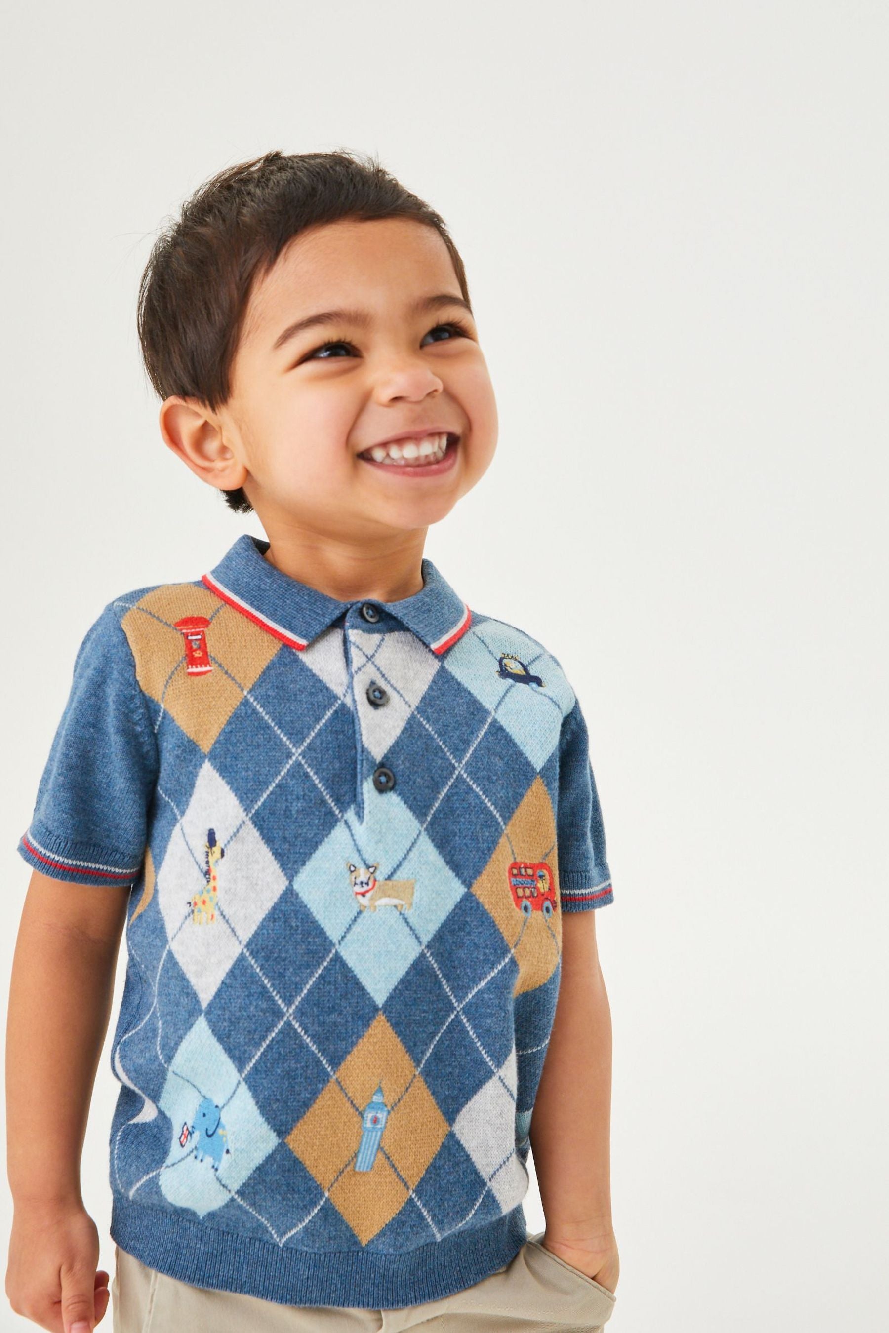 Blue Argyle Pattern Knitted Polo Shirt (3mths-7yrs)