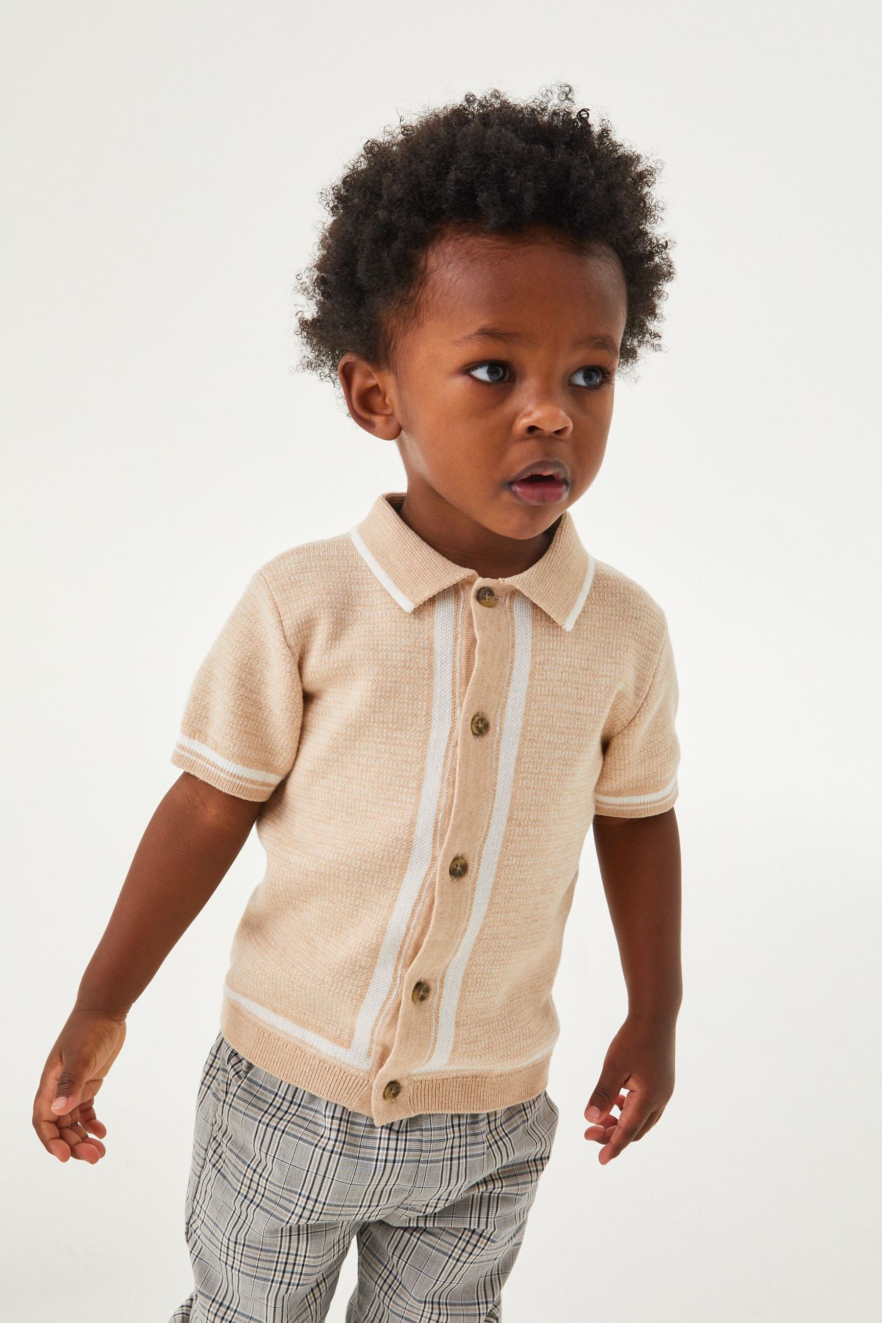 Ecru White Textured Knit Button Through Polo Shirt (3mths-7yrs)