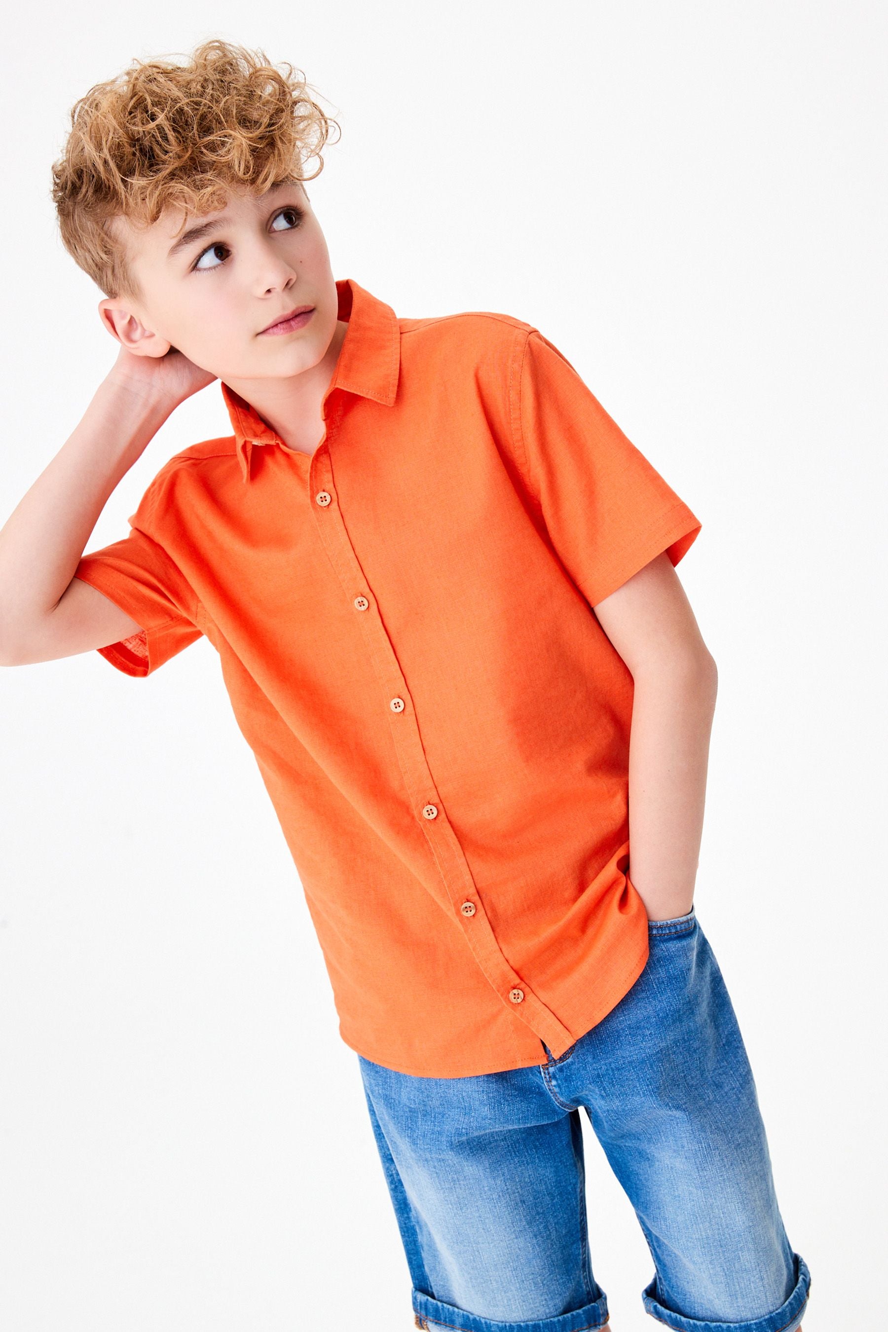 Orange Short Sleeve Linen Mix Shirt (3-16yrs)