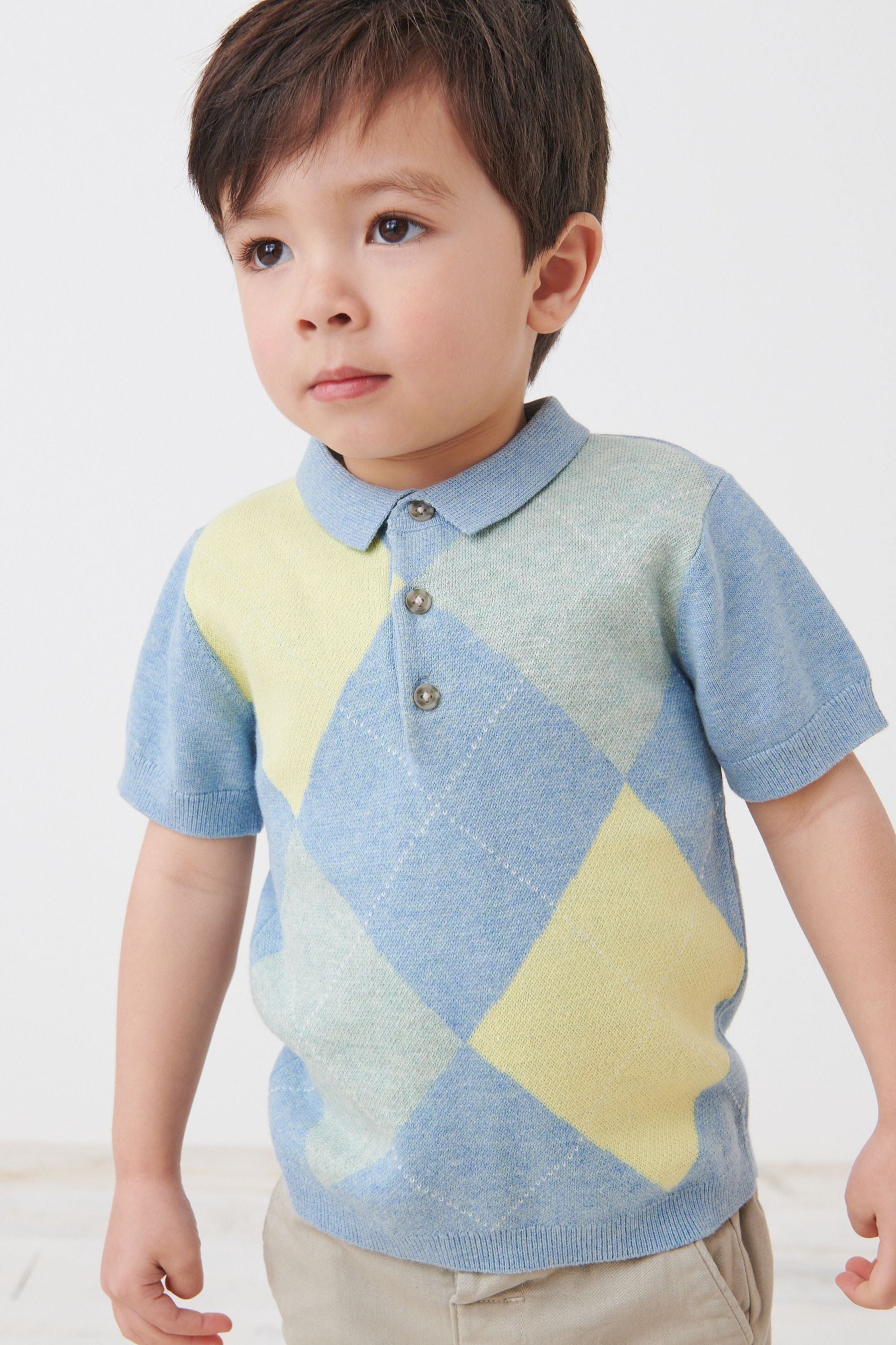 Blue Short Sleeve Argyle Pattern Knitted Polo Shirt (3mths-7yrs)