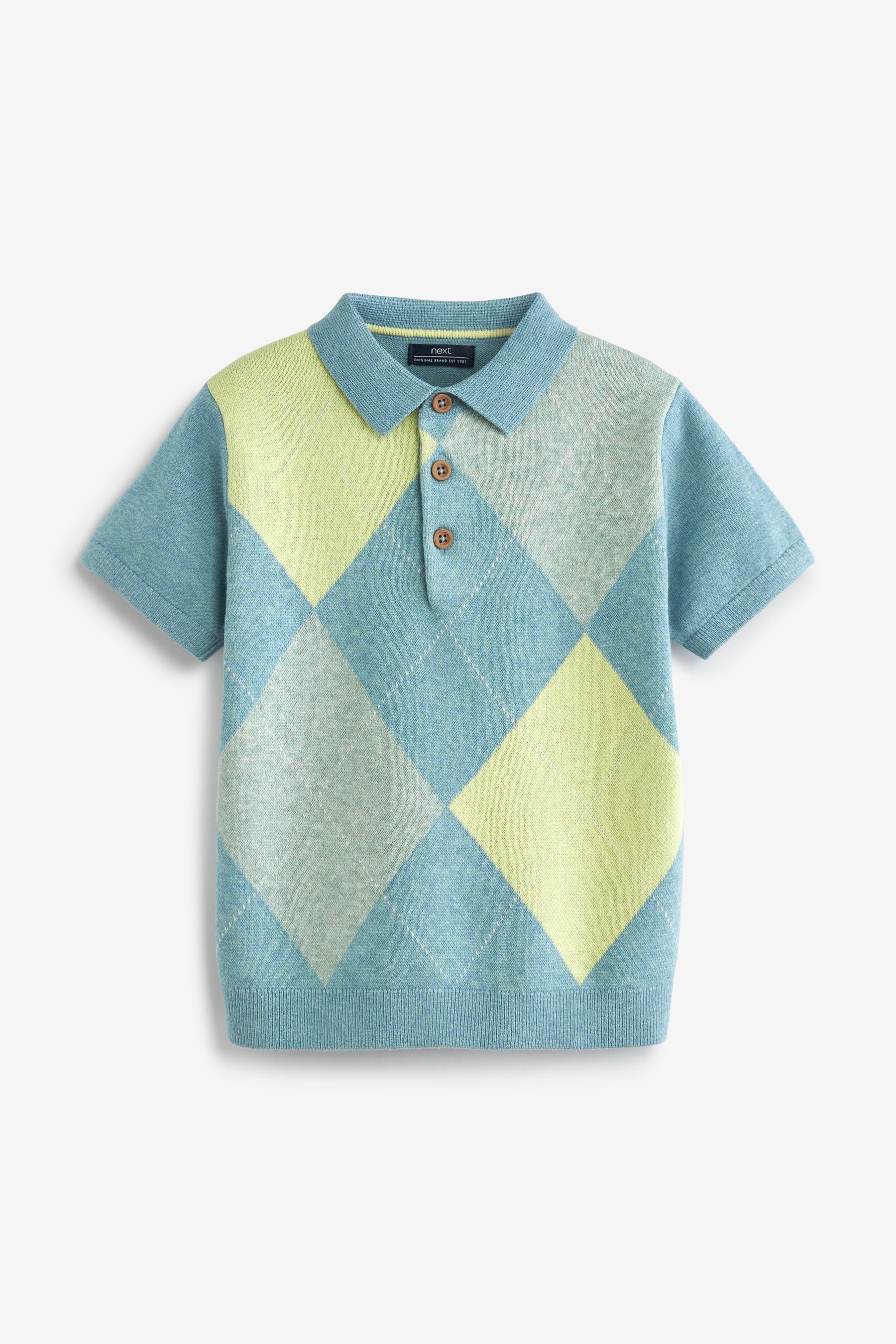 Blue Short Sleeve Argyle Pattern Knitted Polo Shirt (3mths-7yrs)