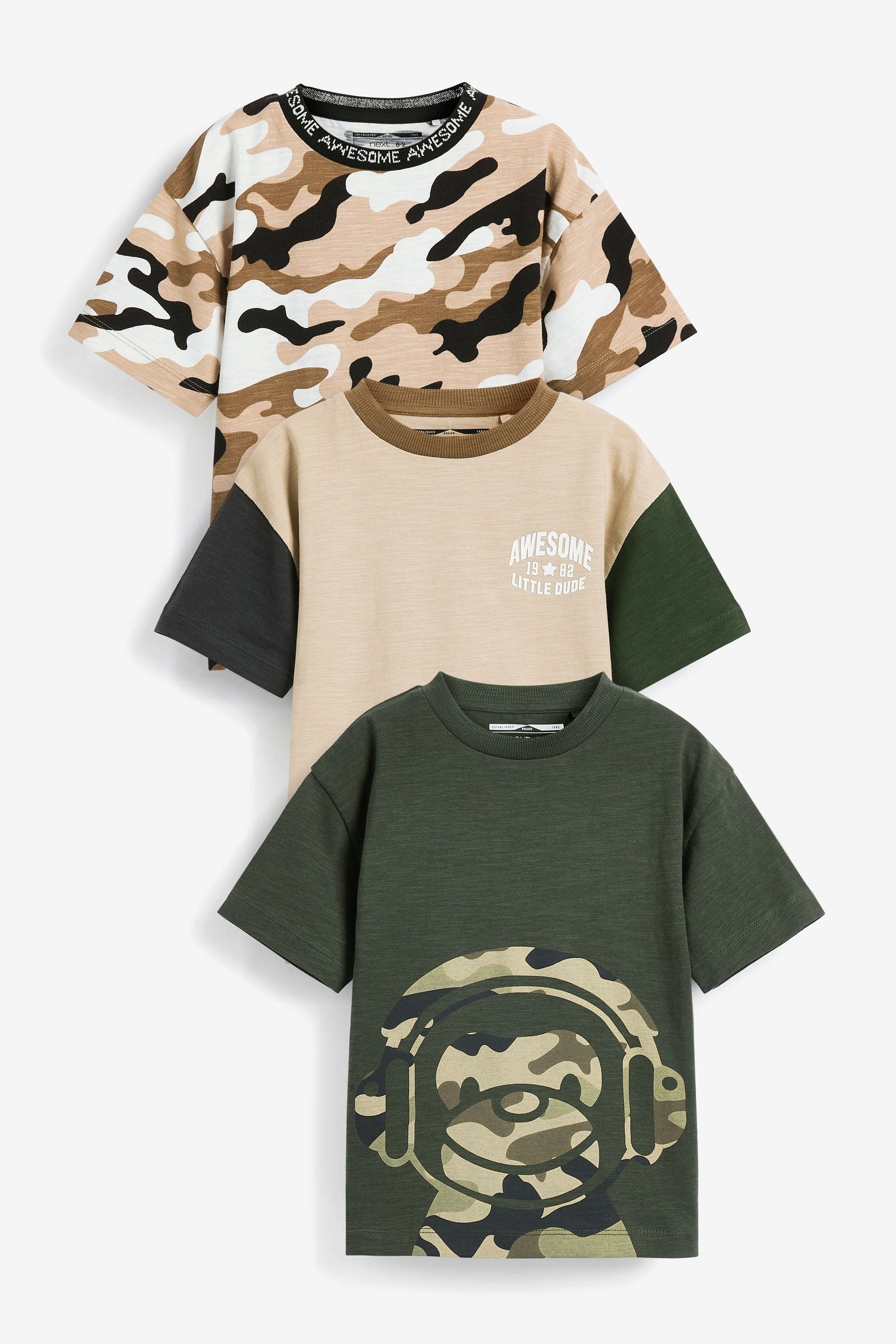 Khaki Green Camo Monkey 3 Pack Oversized T-Shirts (3mths-7yrs)