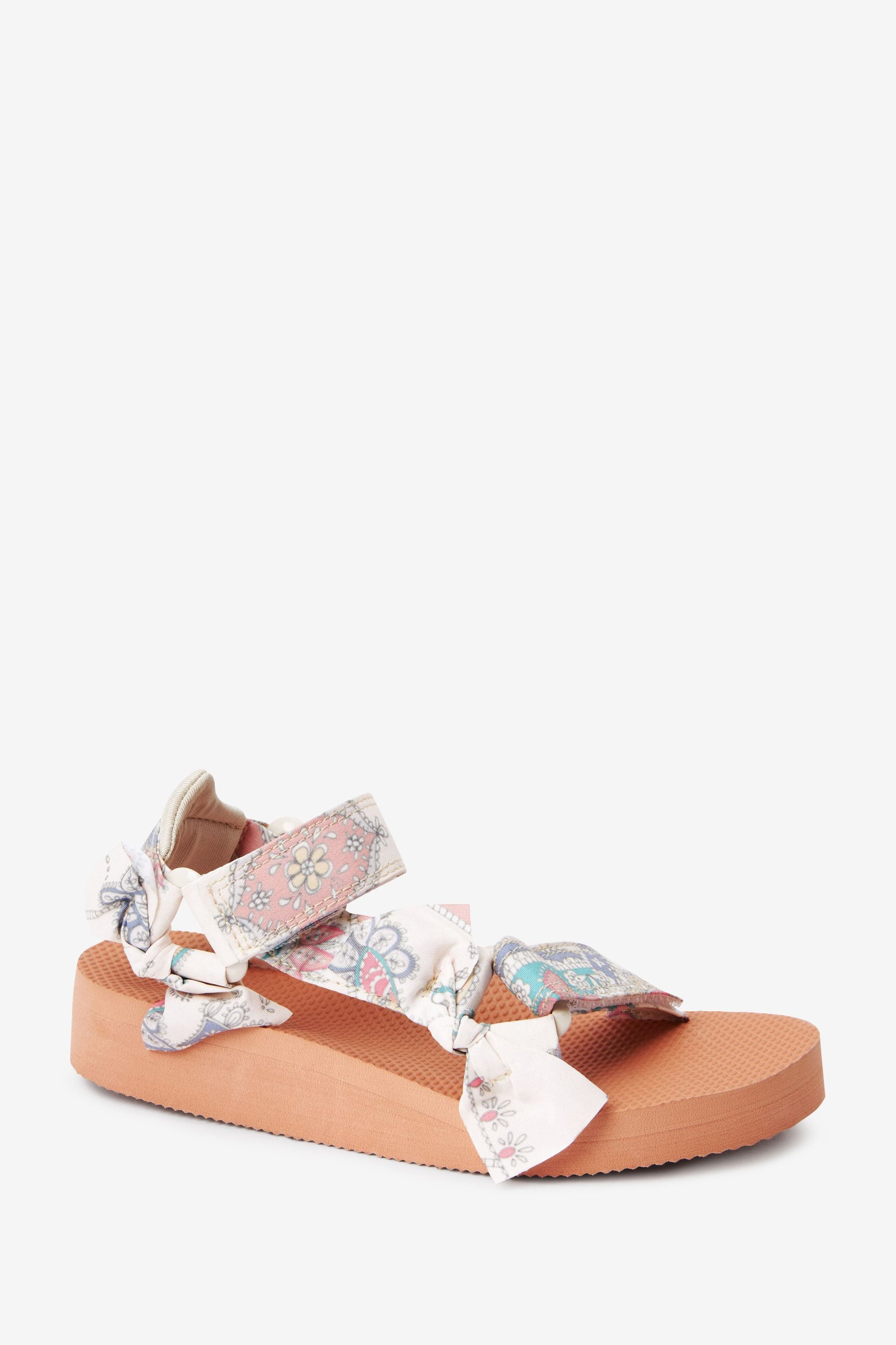 Ecru White Printed Patchwork Tie Trekker Sandals