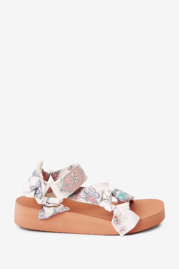 Ecru White Printed Patchwork Tie Trekker Sandals