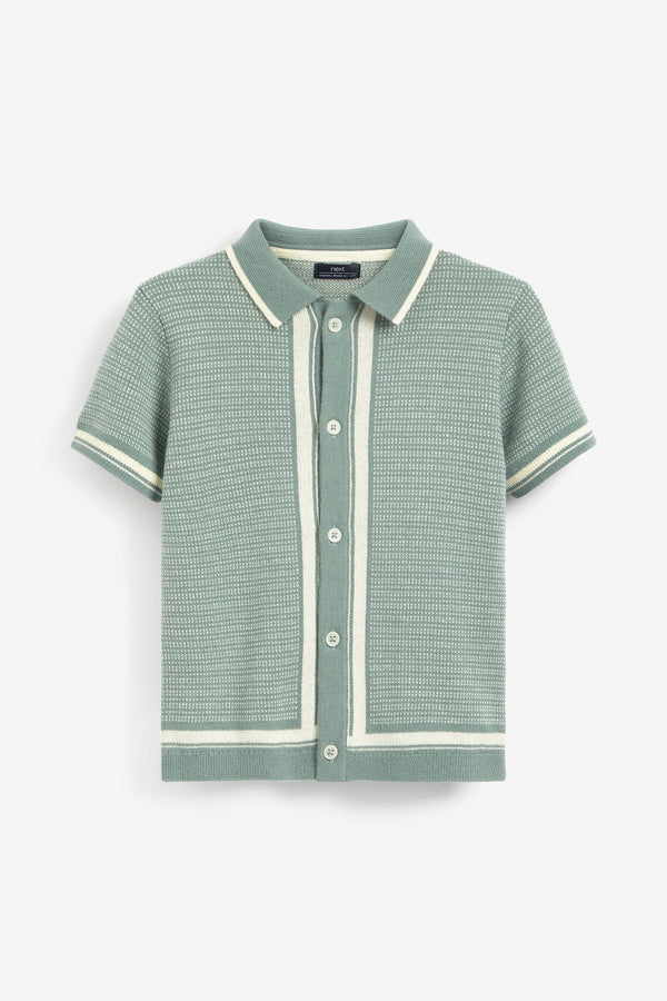 Mineral Green Textured Knit Button Through Polo Shirt (3mths-7yrs)