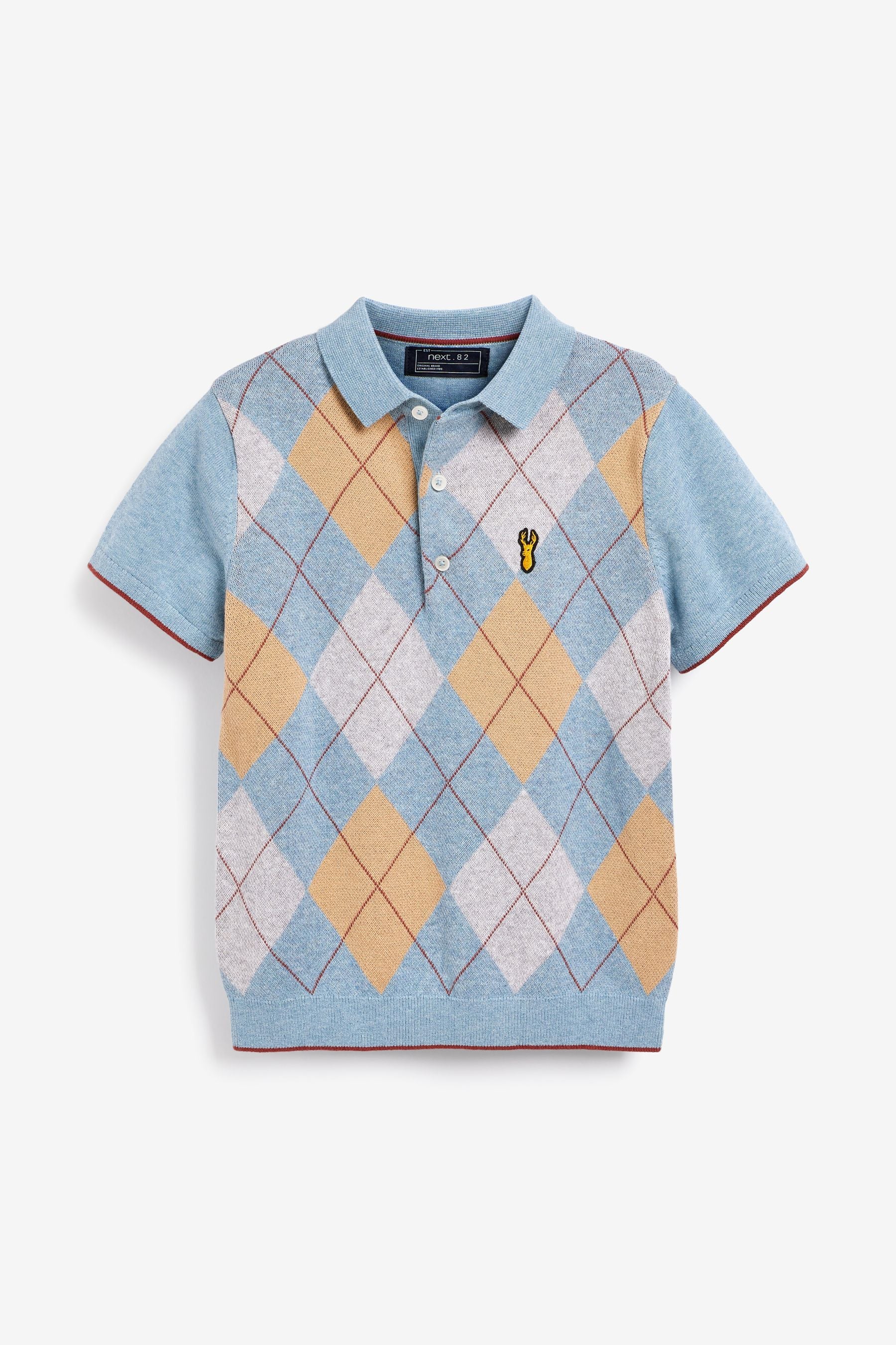 Blue Short Sleeve Knitted  Argyle Pattern Polo Shirt (3-16yrs)