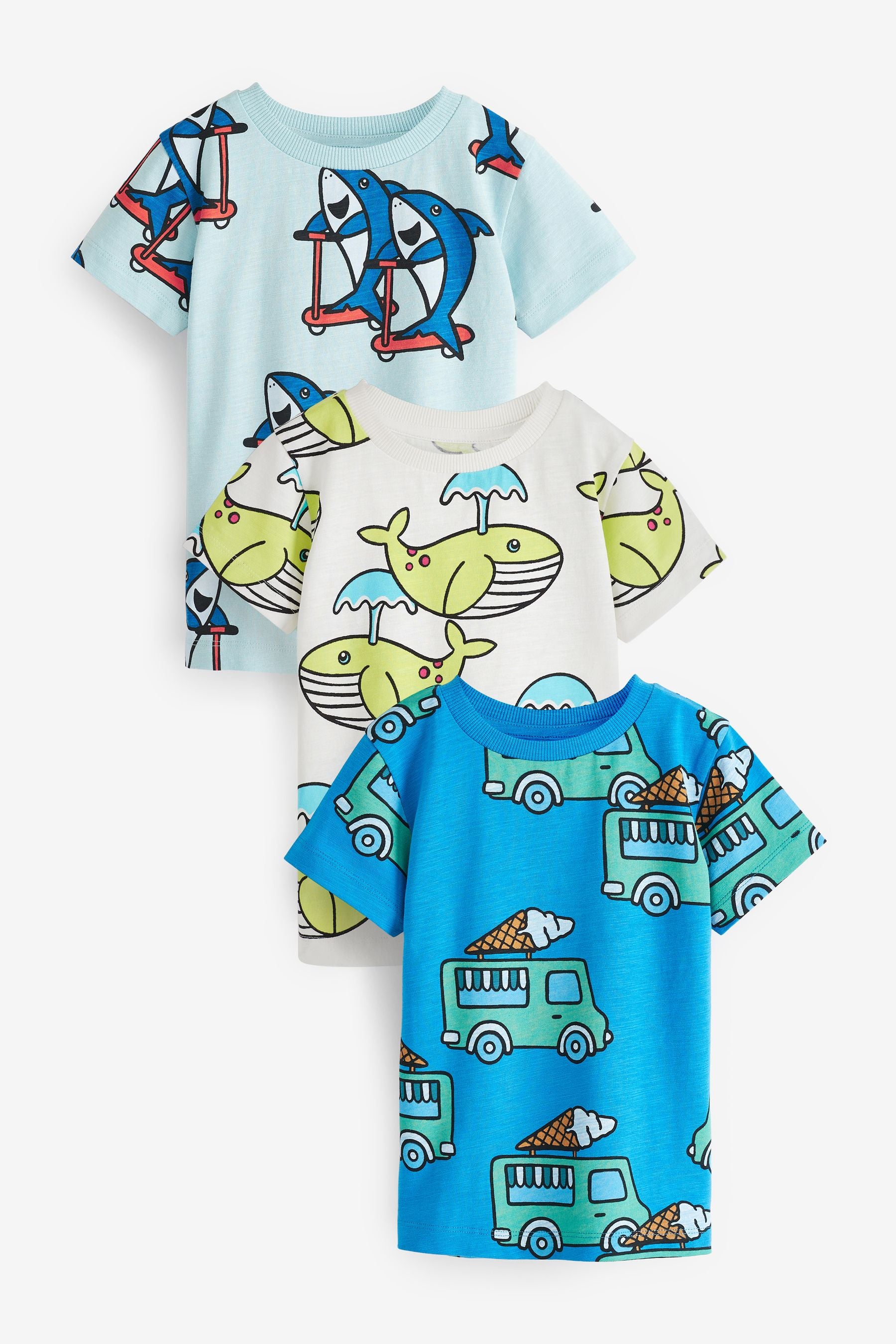 Blue/White Shark Whale 3 Pack All Over Print T-Shirts (3mths-7yrs)