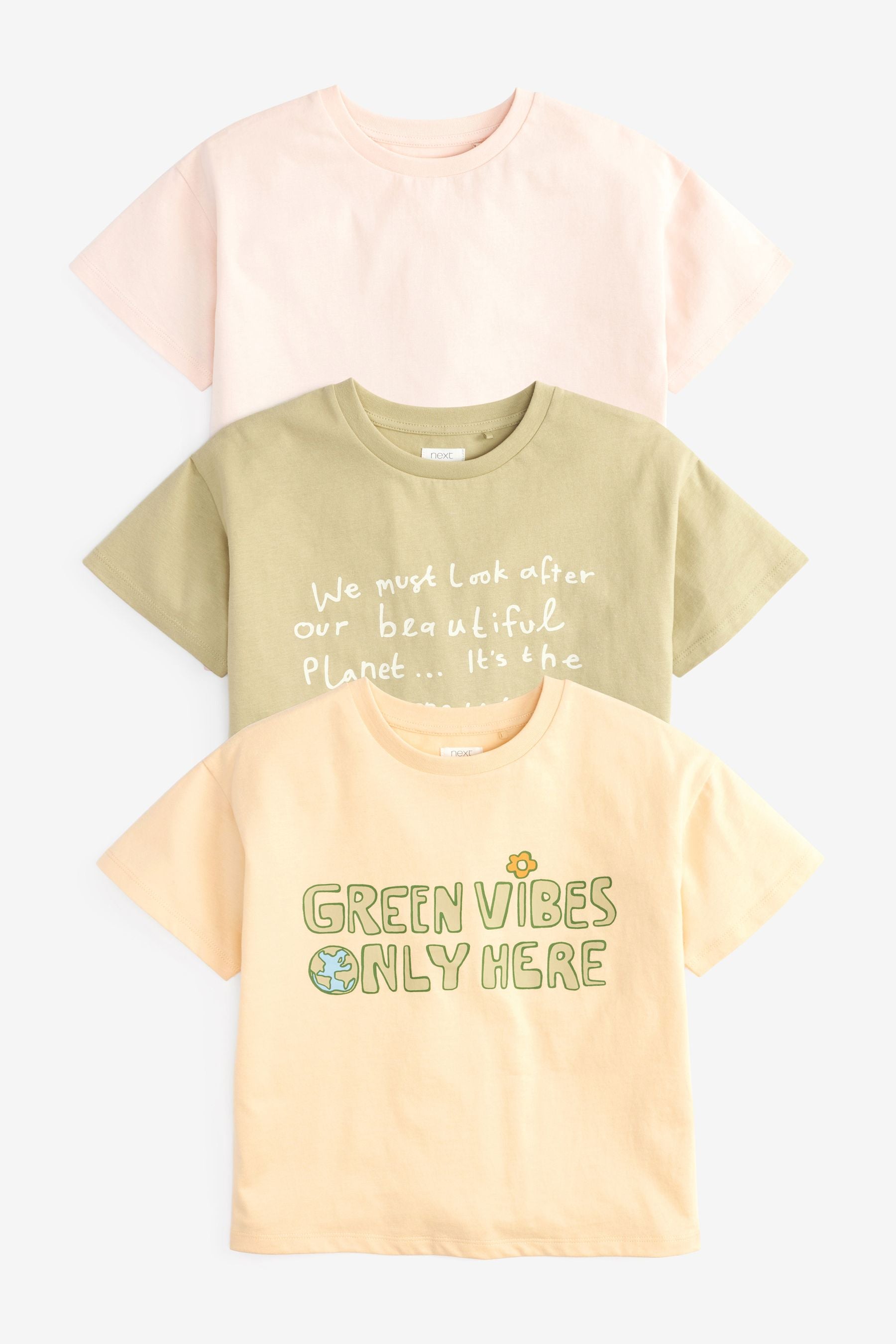 Lemon Yellow/Pink 3 Pack Positive Earth Slogan T-Shirts (3-16yrs)