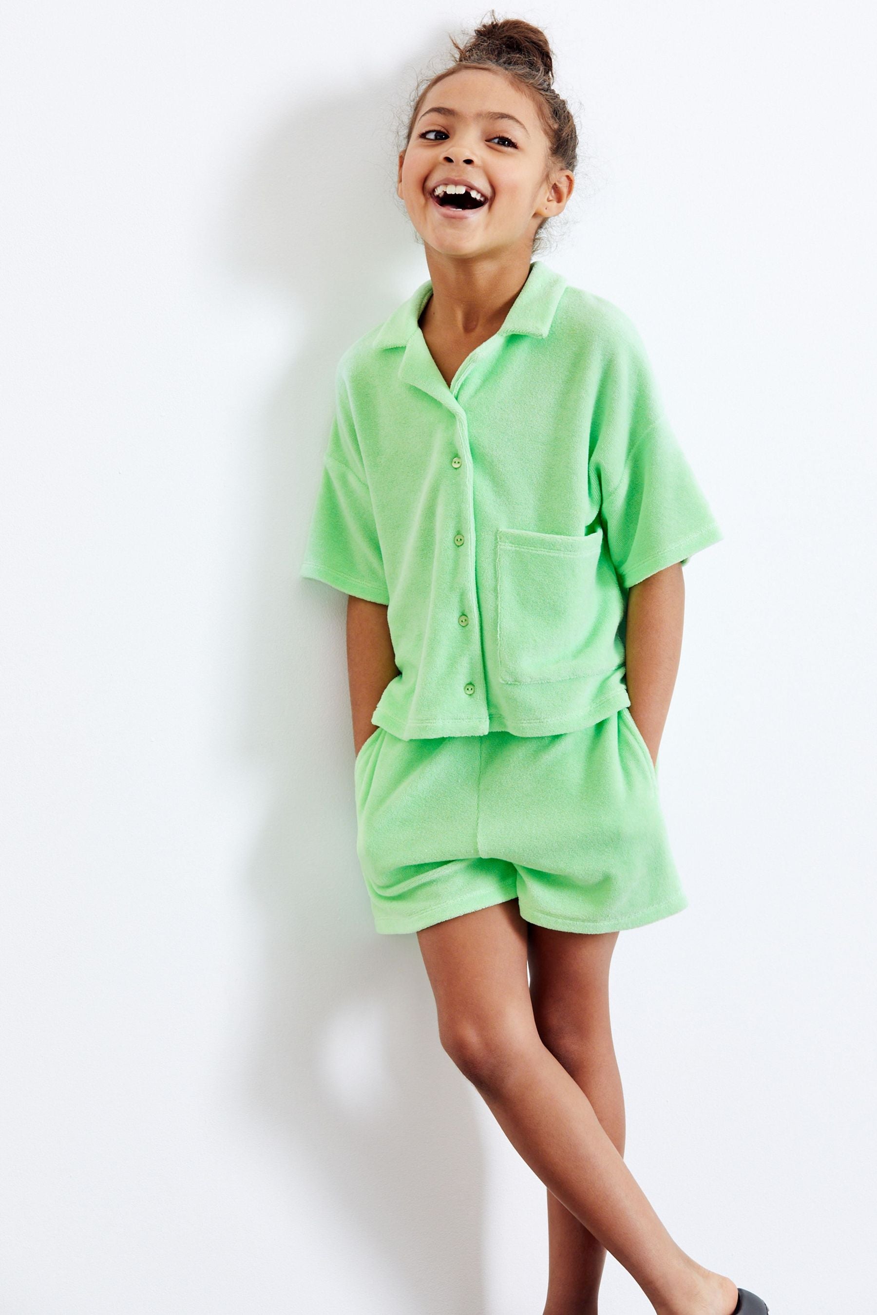 Lime Green Collar Shirt & Shorts Towelling Set (3-16yrs)