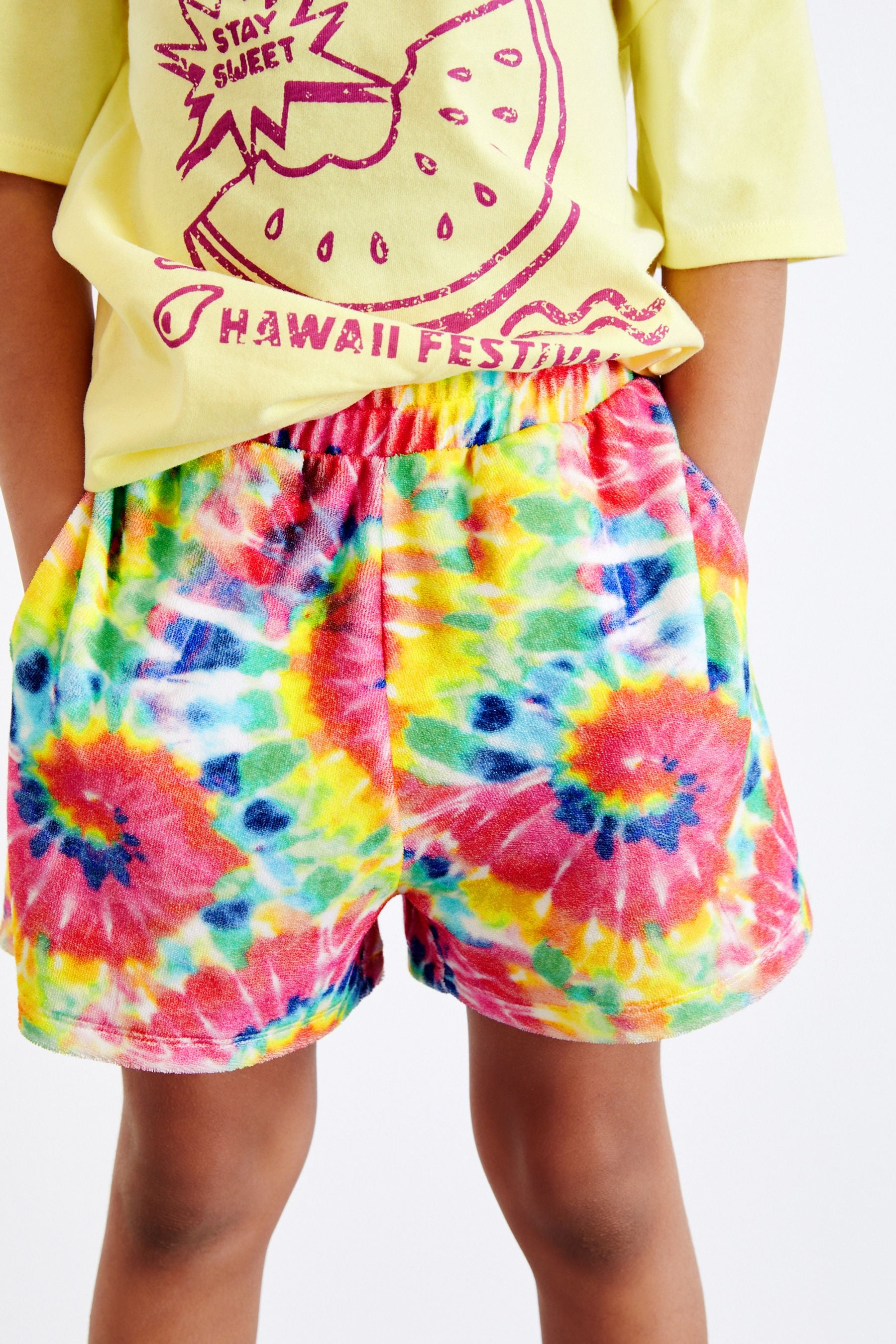 Pink Fruit T-Shirt & Towelling Rainbow Tie Dye Shorts Set (3-16yrs)