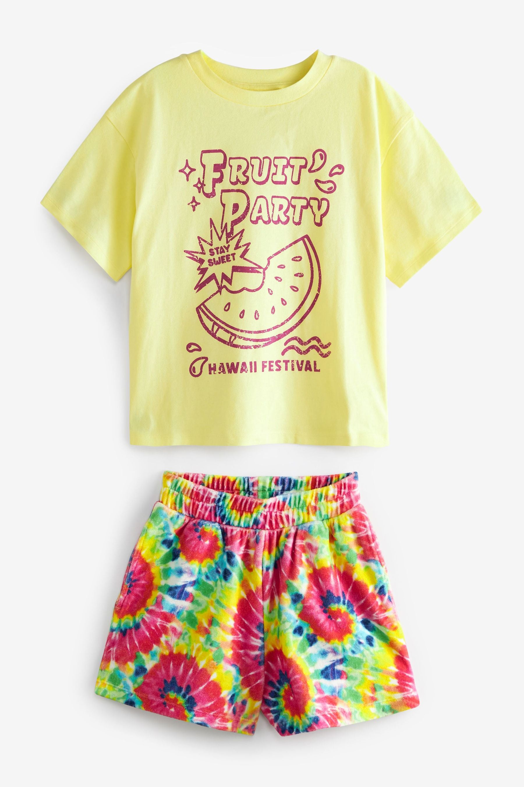 Pink Fruit T-Shirt & Towelling Rainbow Tie Dye Shorts Set (3-16yrs)