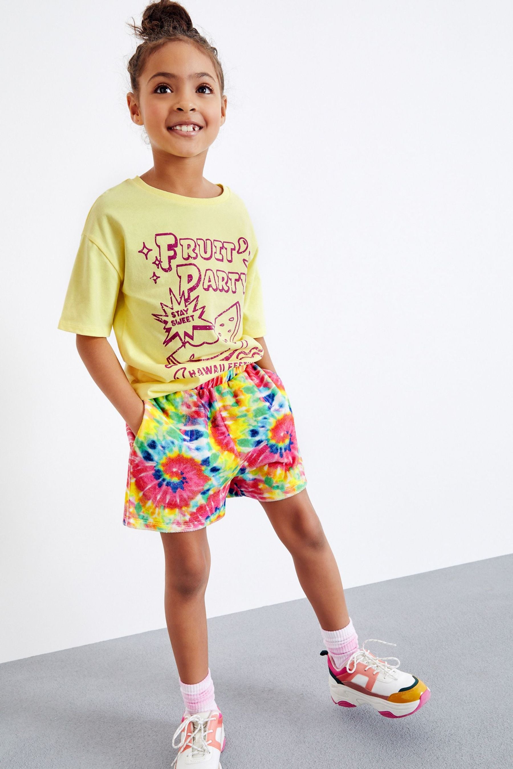 Pink Fruit T-Shirt & Towelling Rainbow Tie Dye Shorts Set (3-16yrs)