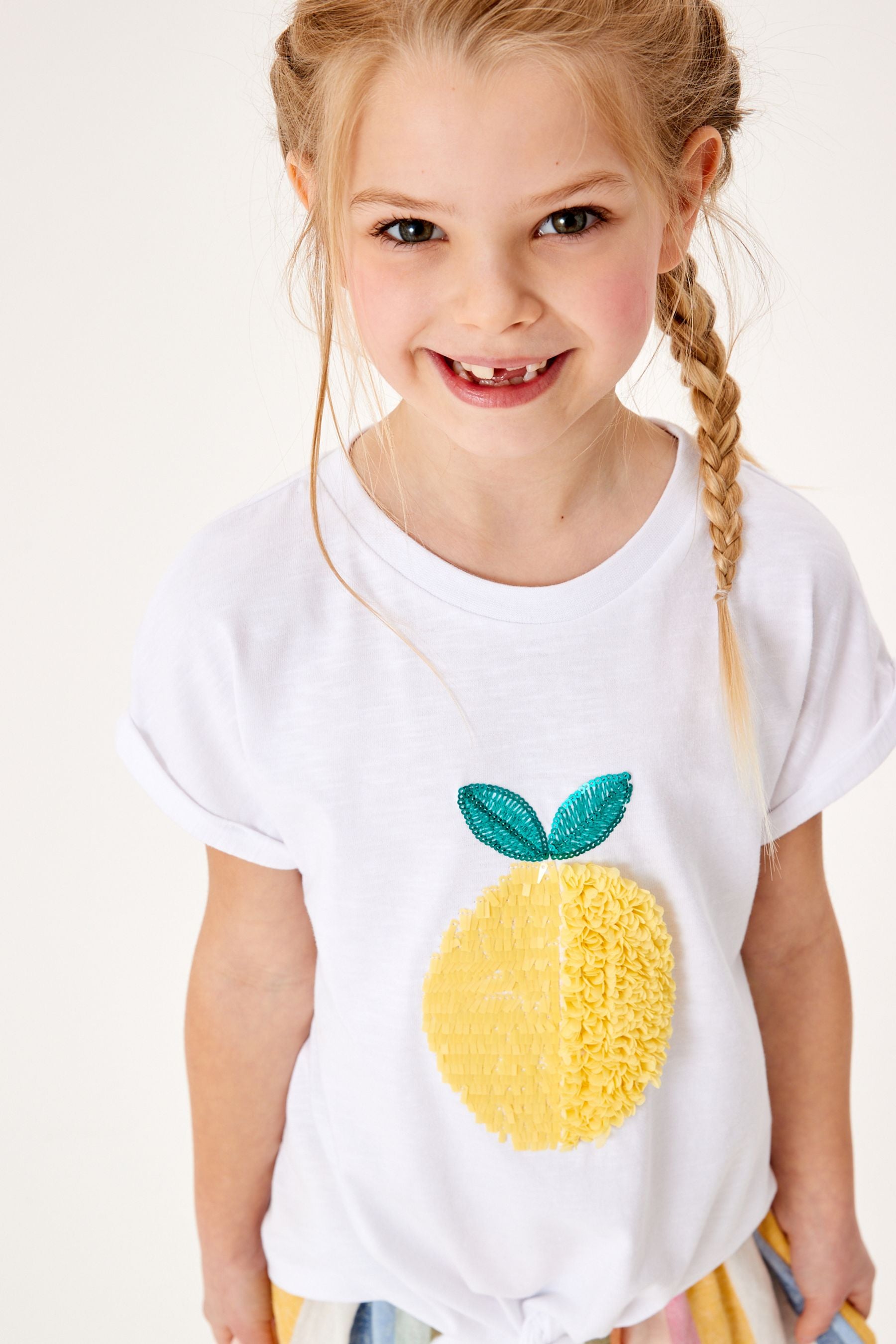 White Lemon Confetti Sequin Tie Front T-Shirt (3-16yrs)