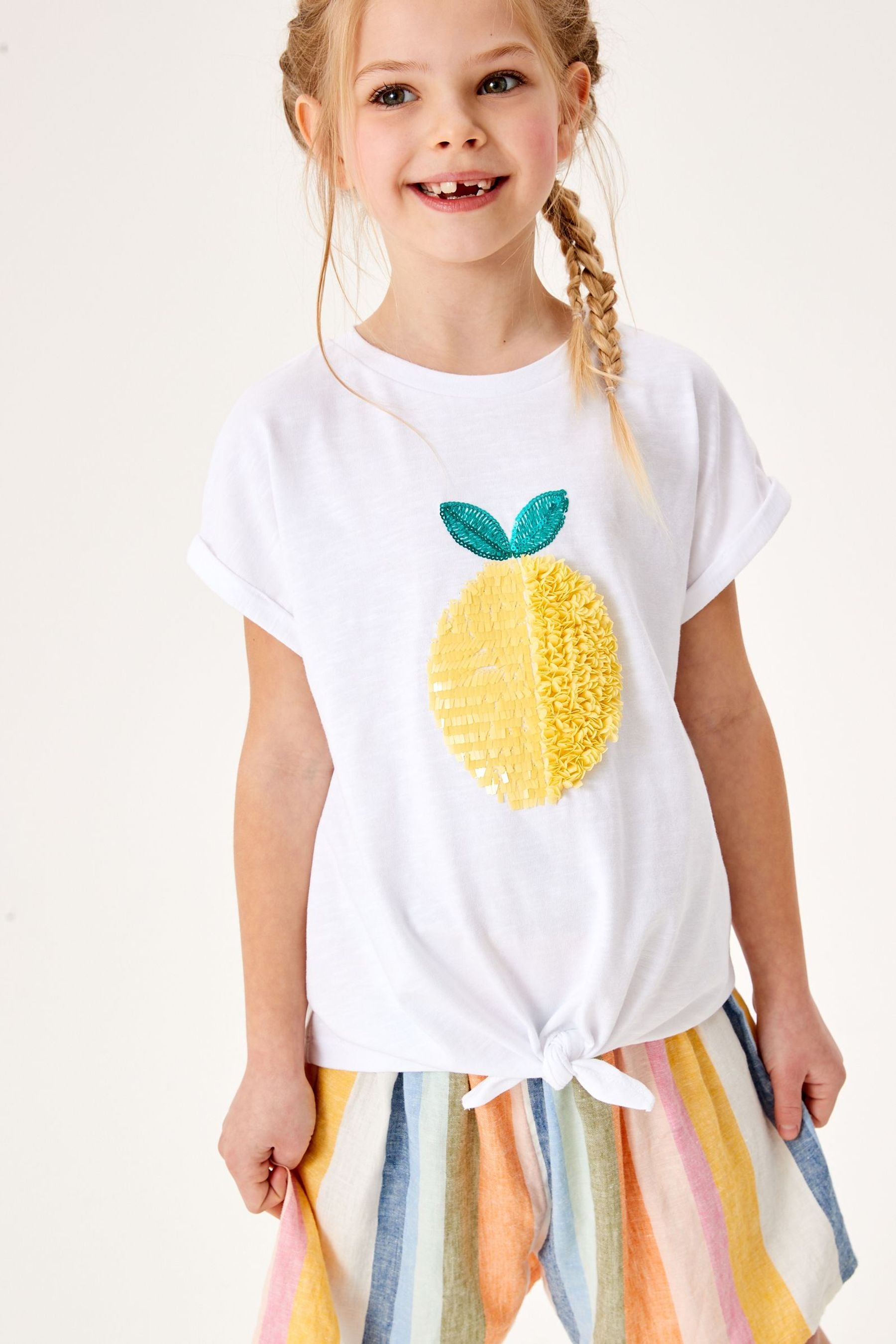 White Lemon Confetti Sequin Tie Front T-Shirt (3-16yrs)