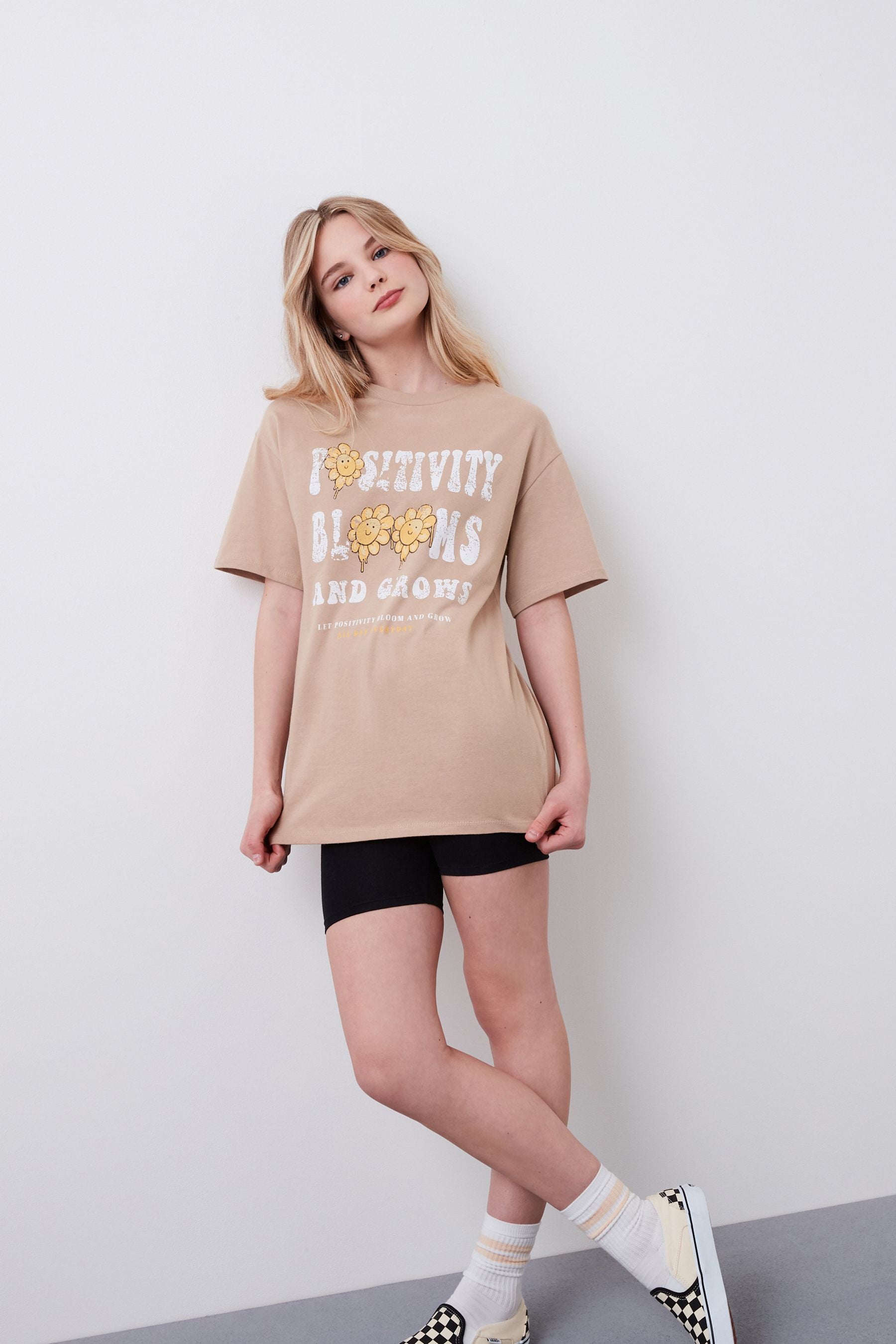 Neutral brown Flower Slogan T-Shirt (3-16yrs)