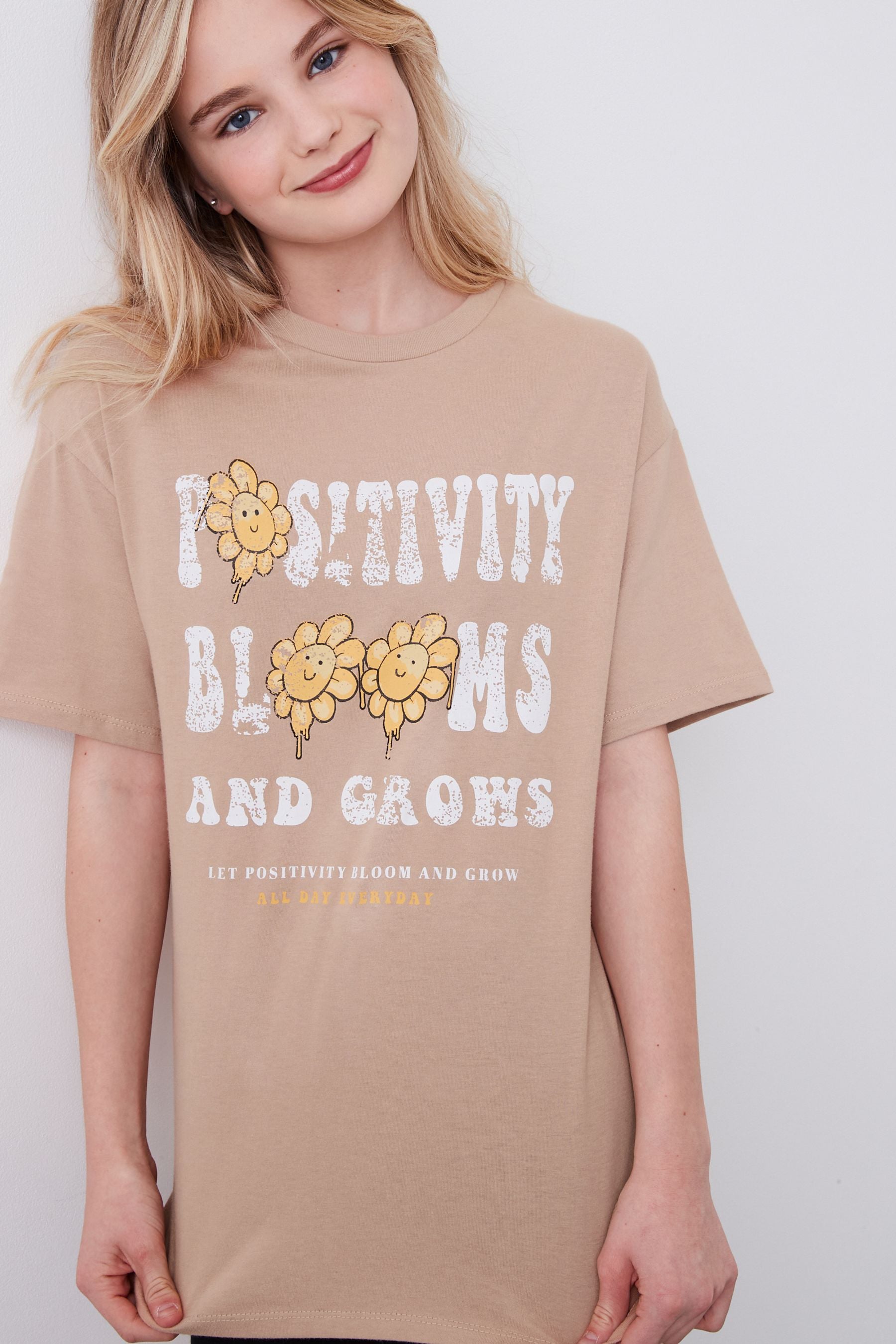 Neutral brown Flower Slogan T-Shirt (3-16yrs)