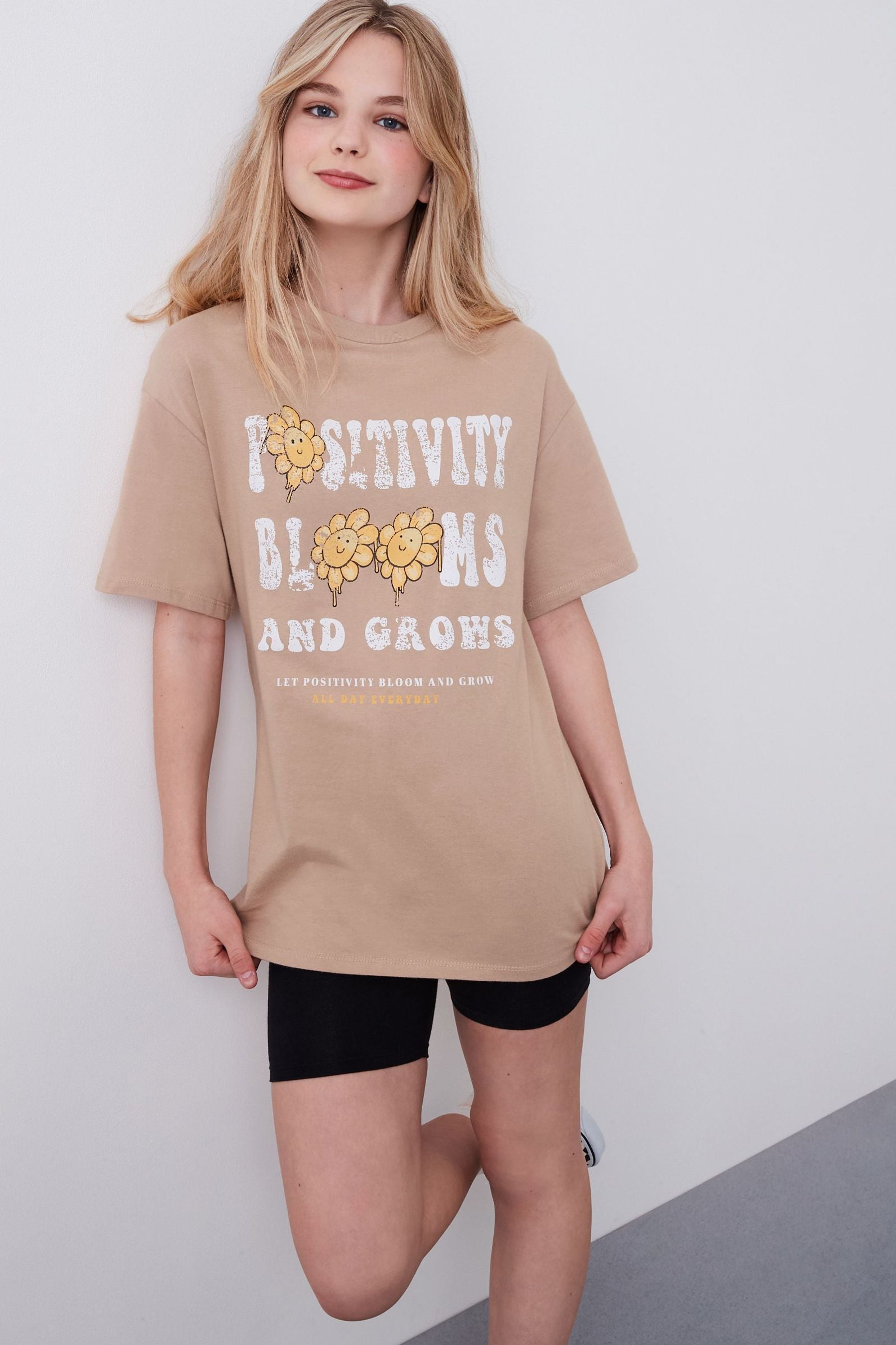 Neutral brown Flower Slogan T-Shirt (3-16yrs)