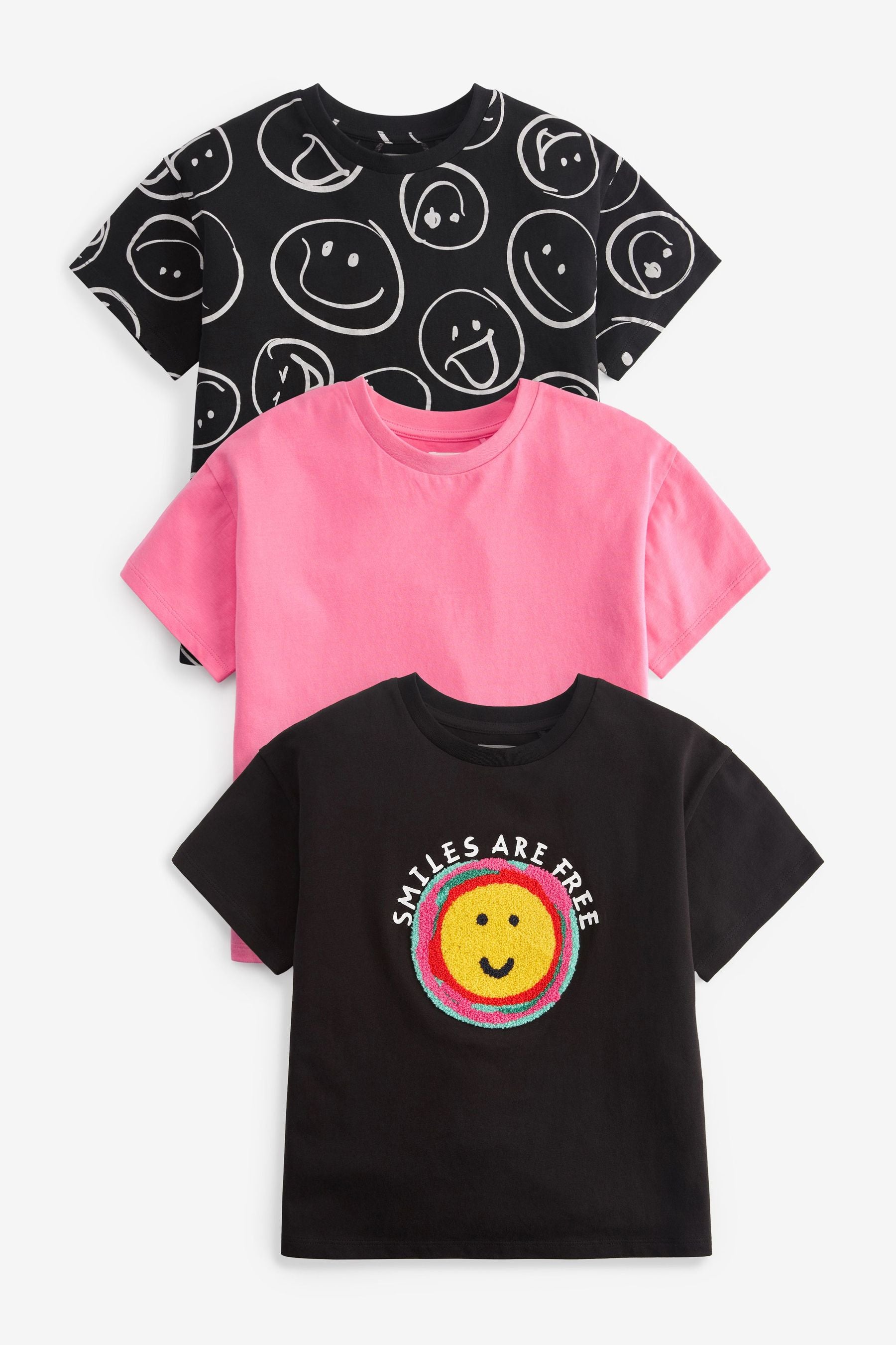 Pink / Black 3 Pack Boucl Short Sleeve T-Shirts (3-16yrs)