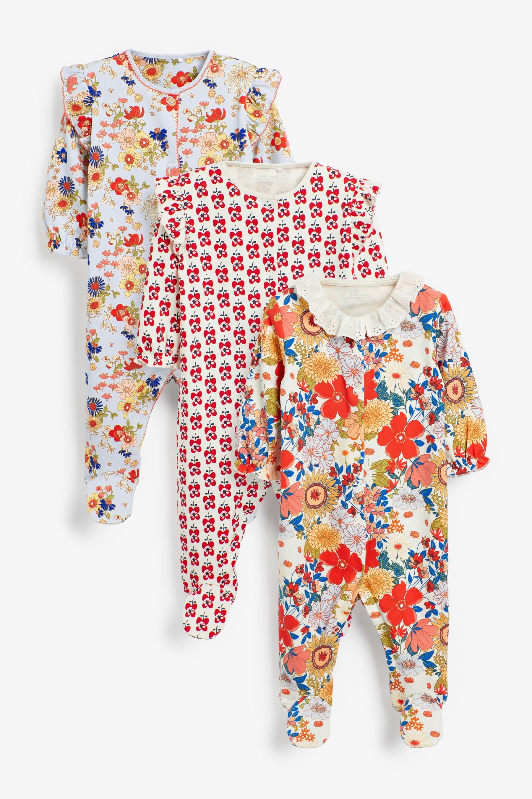 Red Floral Baby Sleepsuits 3 Pack (0mths-2yrs)