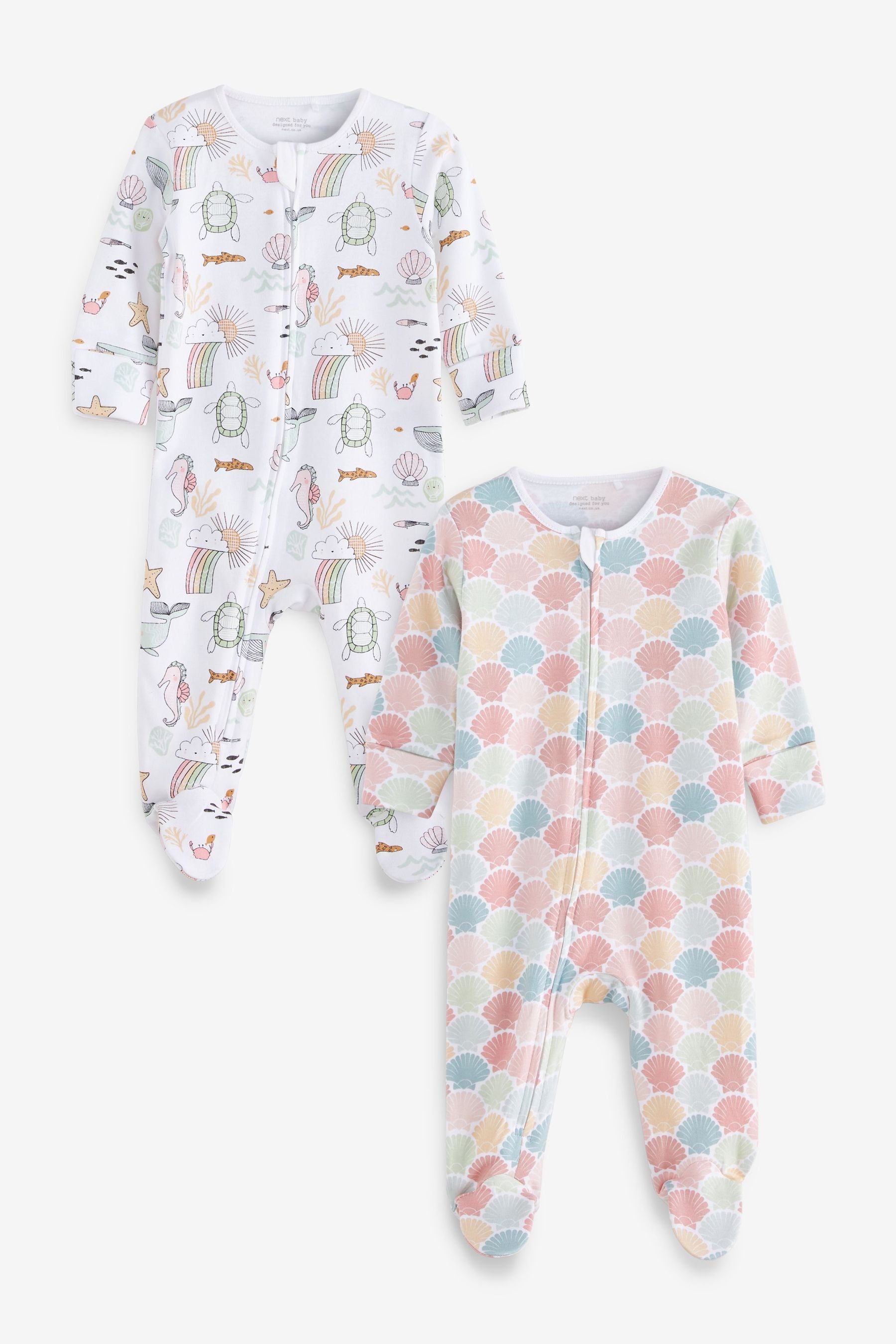 White Pastel Seashell 2 Pack Zip Baby Sleepsuits (0mths-3yrs)