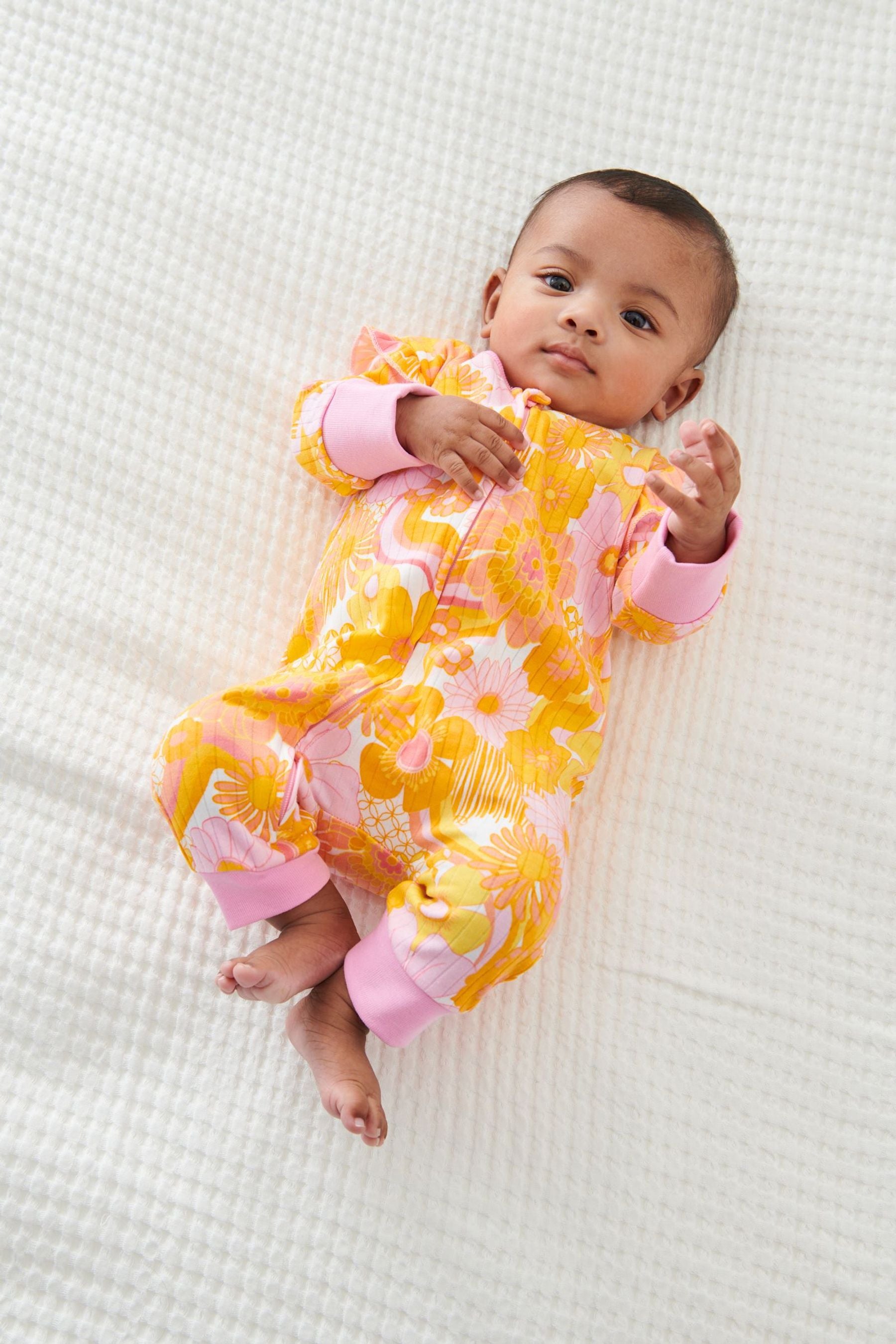 Pink/Orange Retro Floral 2 Pack Zip Baby Sleepsuits (0mths-3yrs)