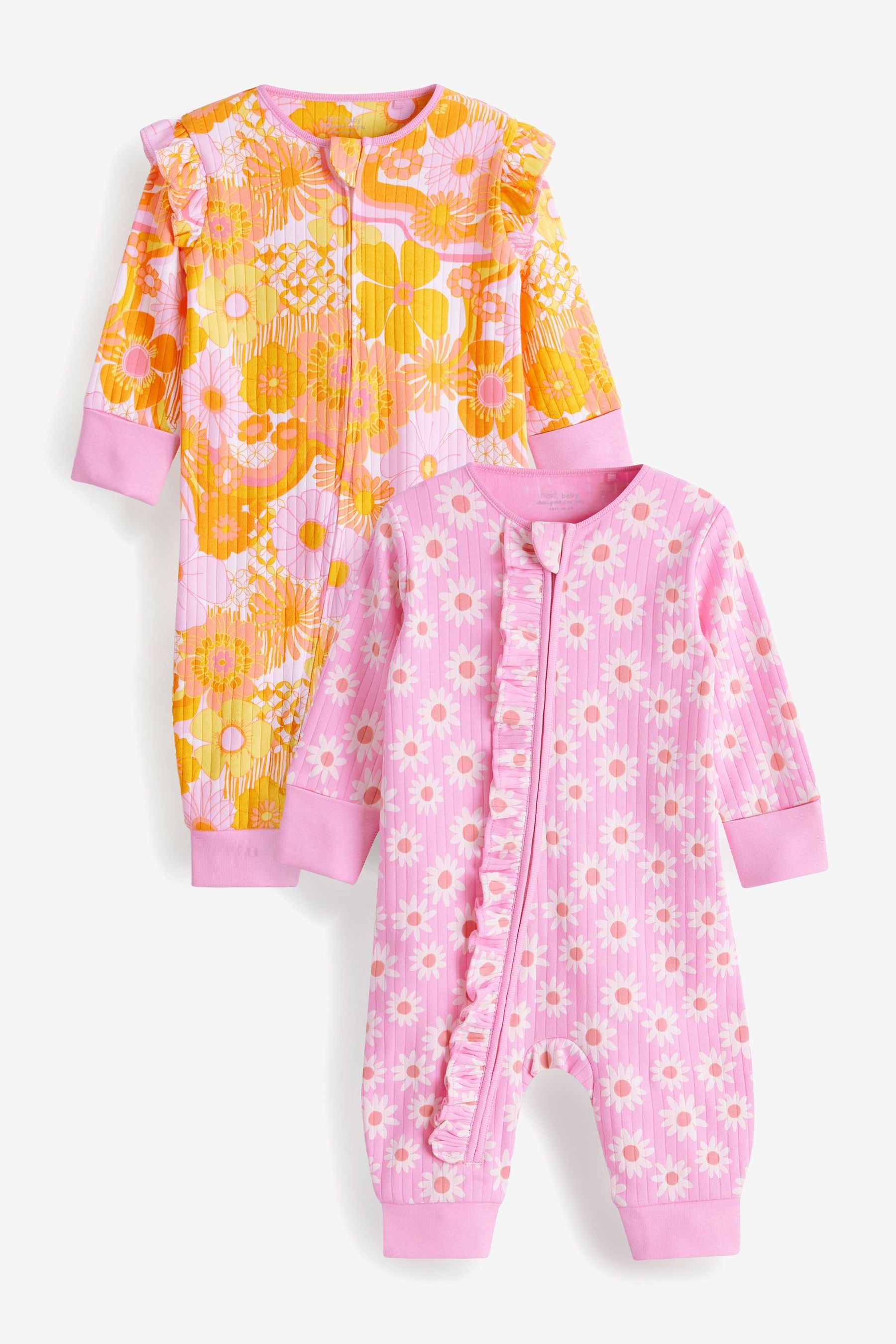 Pink/Orange Retro Floral 2 Pack Zip Baby Sleepsuits (0mths-3yrs)