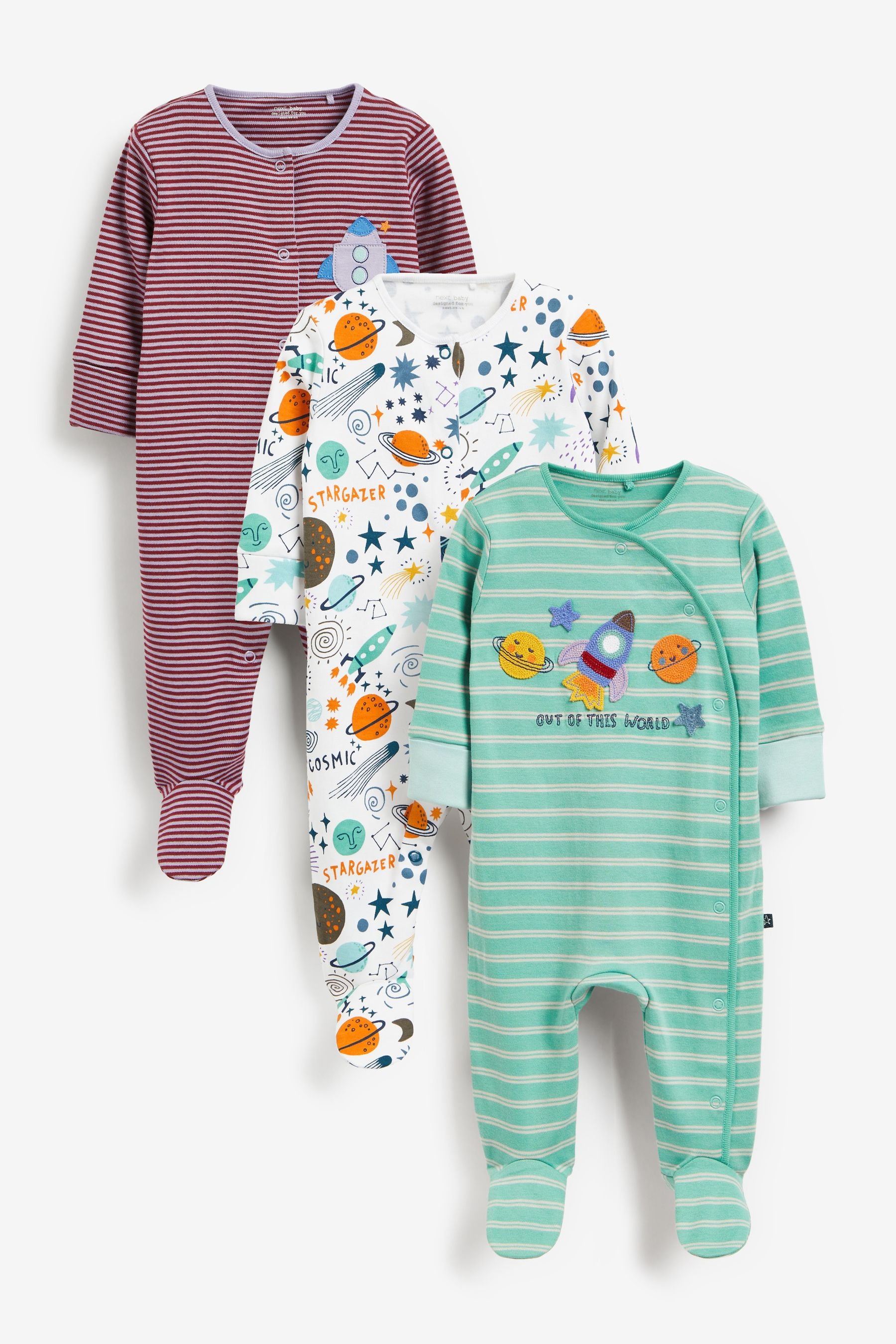 Blue Space Print Baby Sleepsuits 3 Pack (0-2yrs)