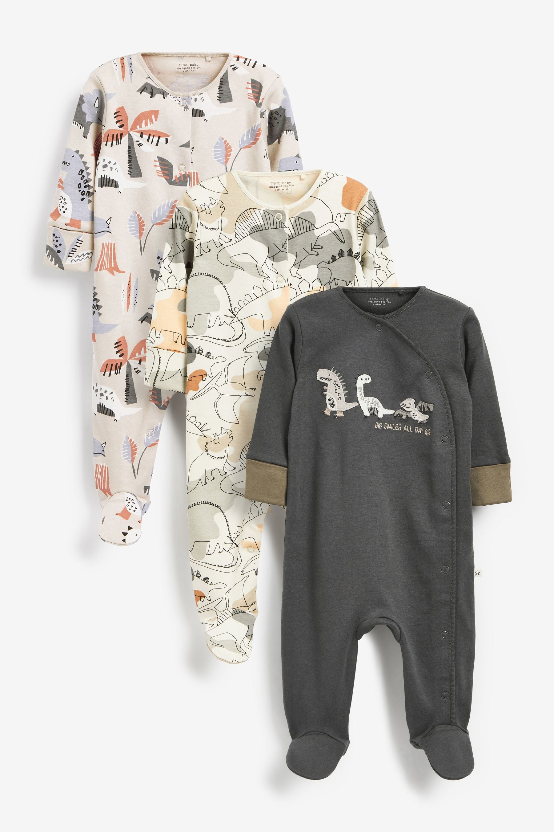 Charcoal Grey Dinosaur Baby 3 Pack Sleepsuits (0mths-2yrs)