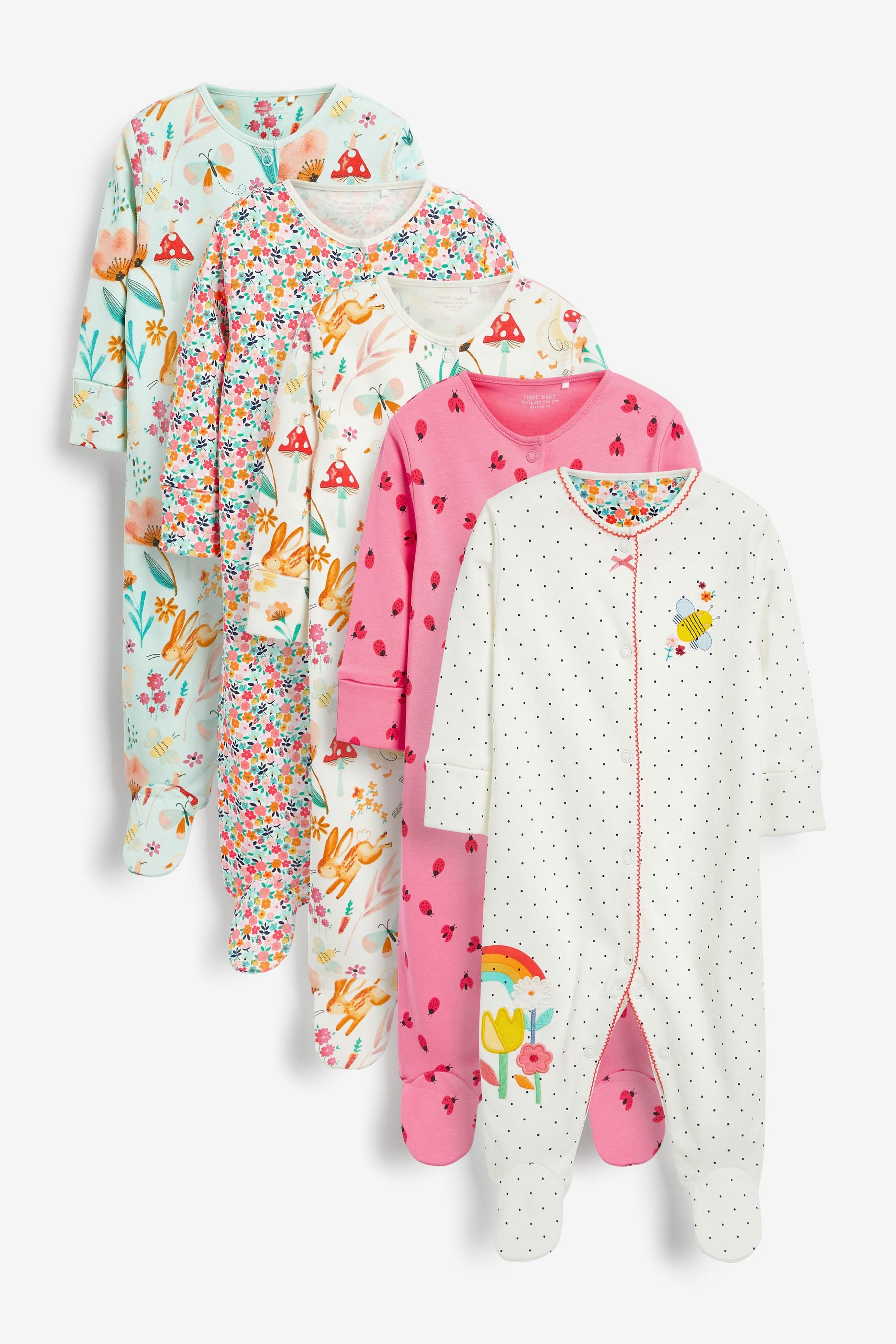 Bright Pink/White Floral Baby Sleepsuits 5 Pack (0-2yrs)