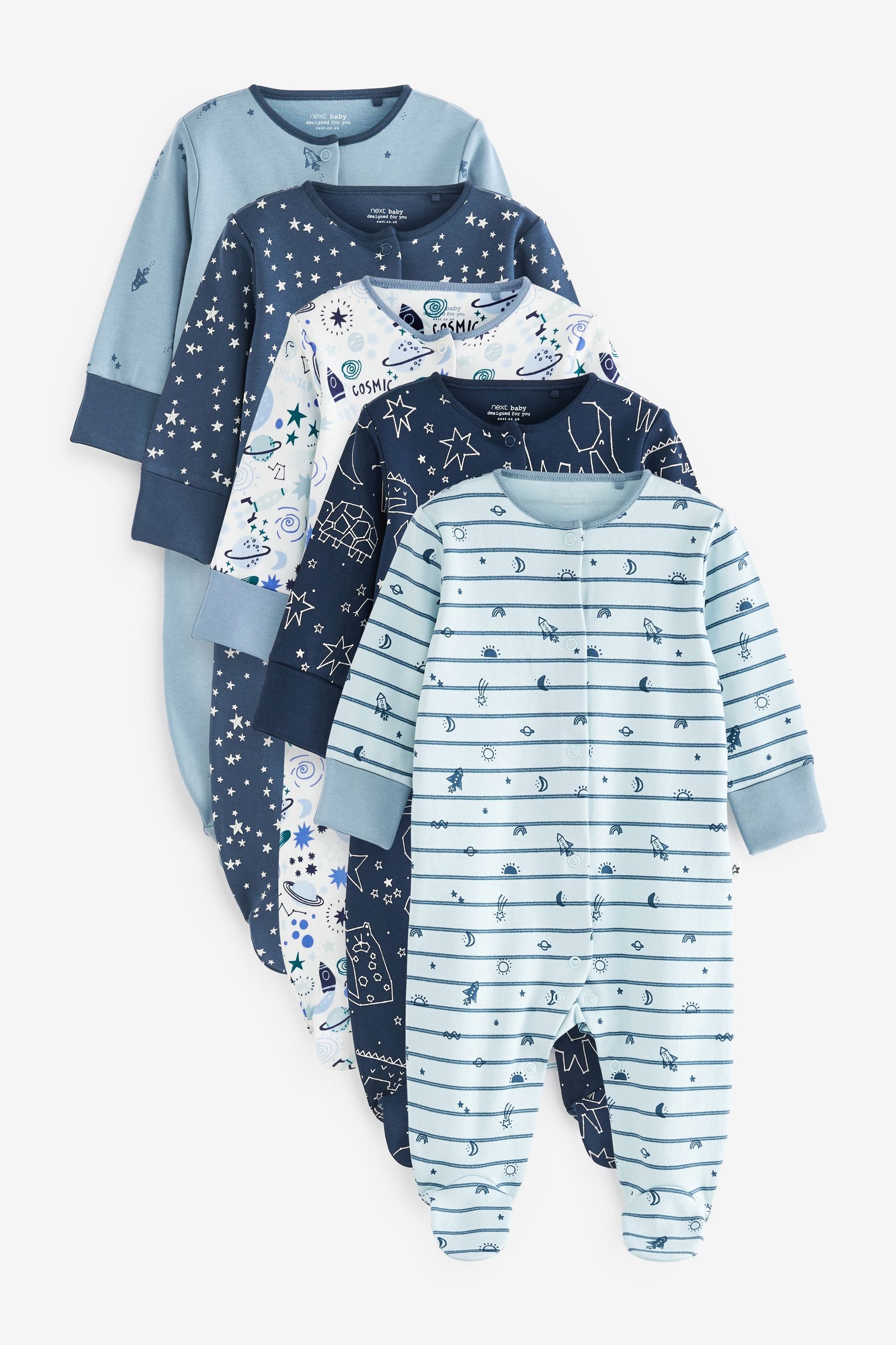 Blue Cosmic Print Baby Sleepsuits 5 Pack (0-2yrs)