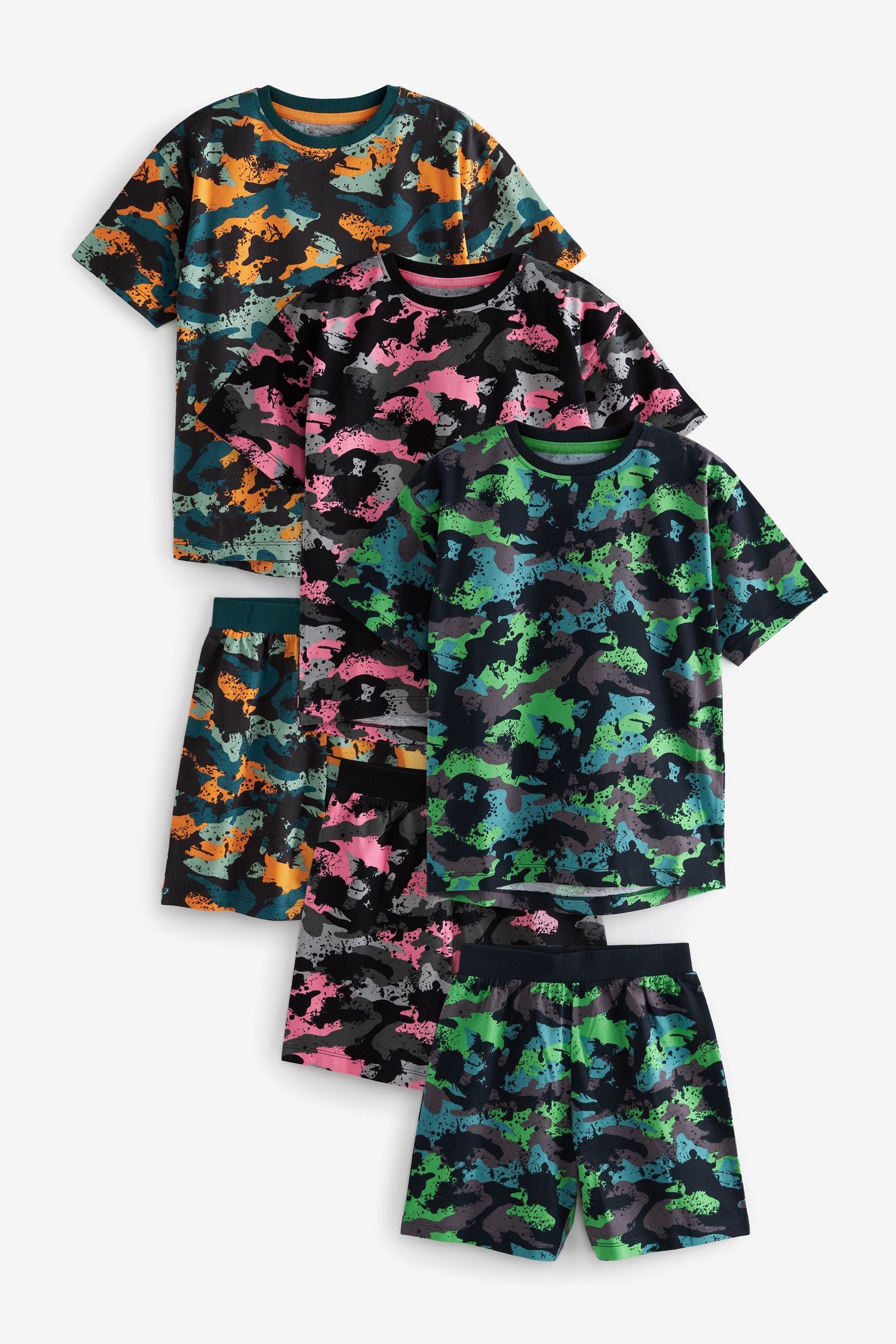 Green/ Orange Camouflage 3 Pack Short Pyjamas (3-16yrs)