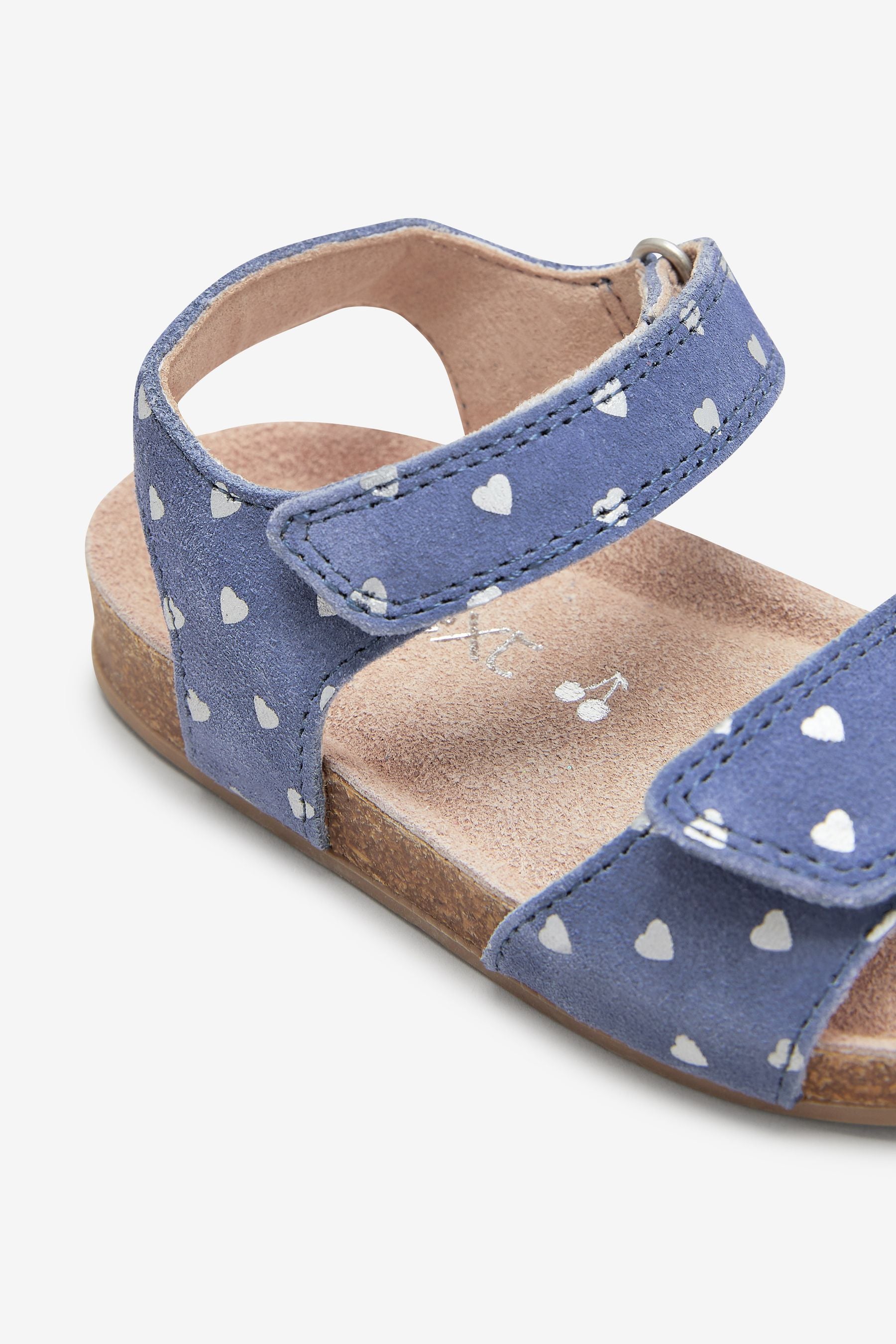 Blue Leather Heart Print Adjustable Strap Corkbed Sandals