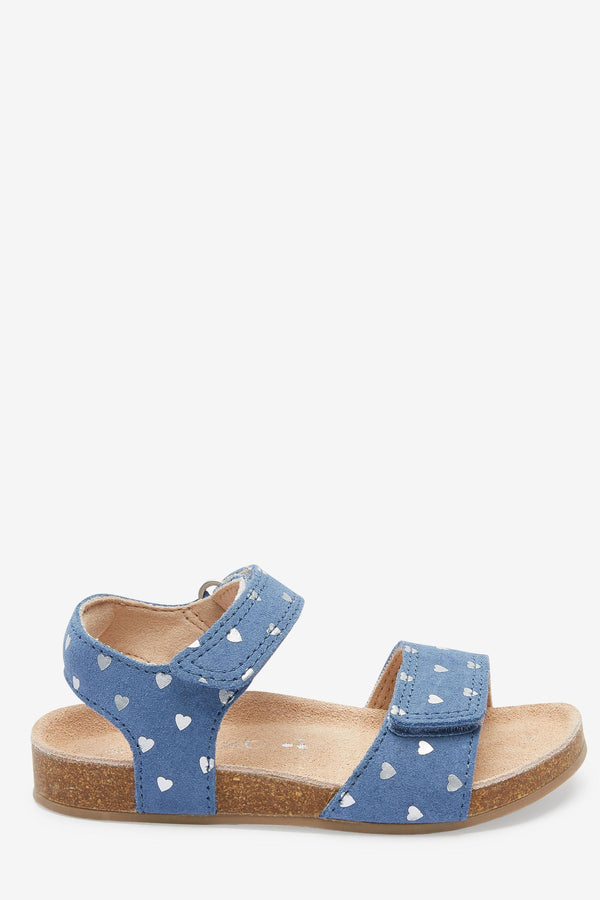 Blue Leather Heart Print Adjustable Strap Corkbed Sandals