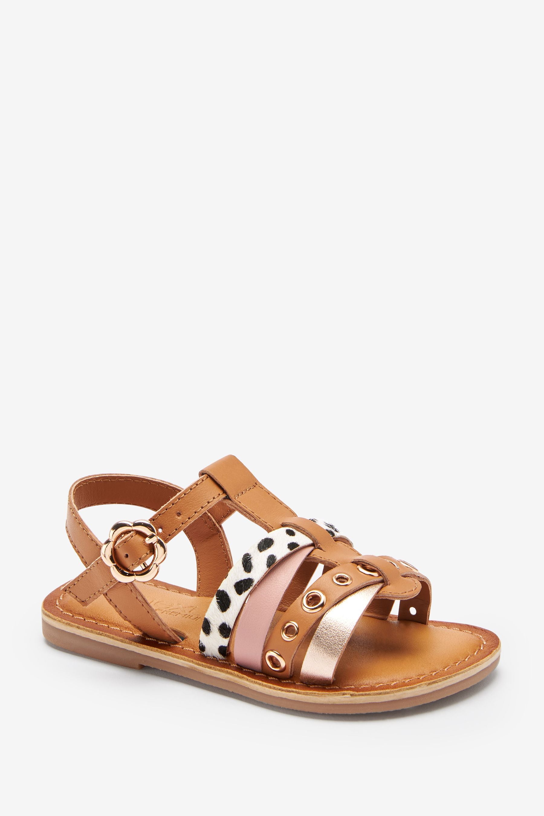 Tan Brown And Animal Print Leather Cross Strap Sandals