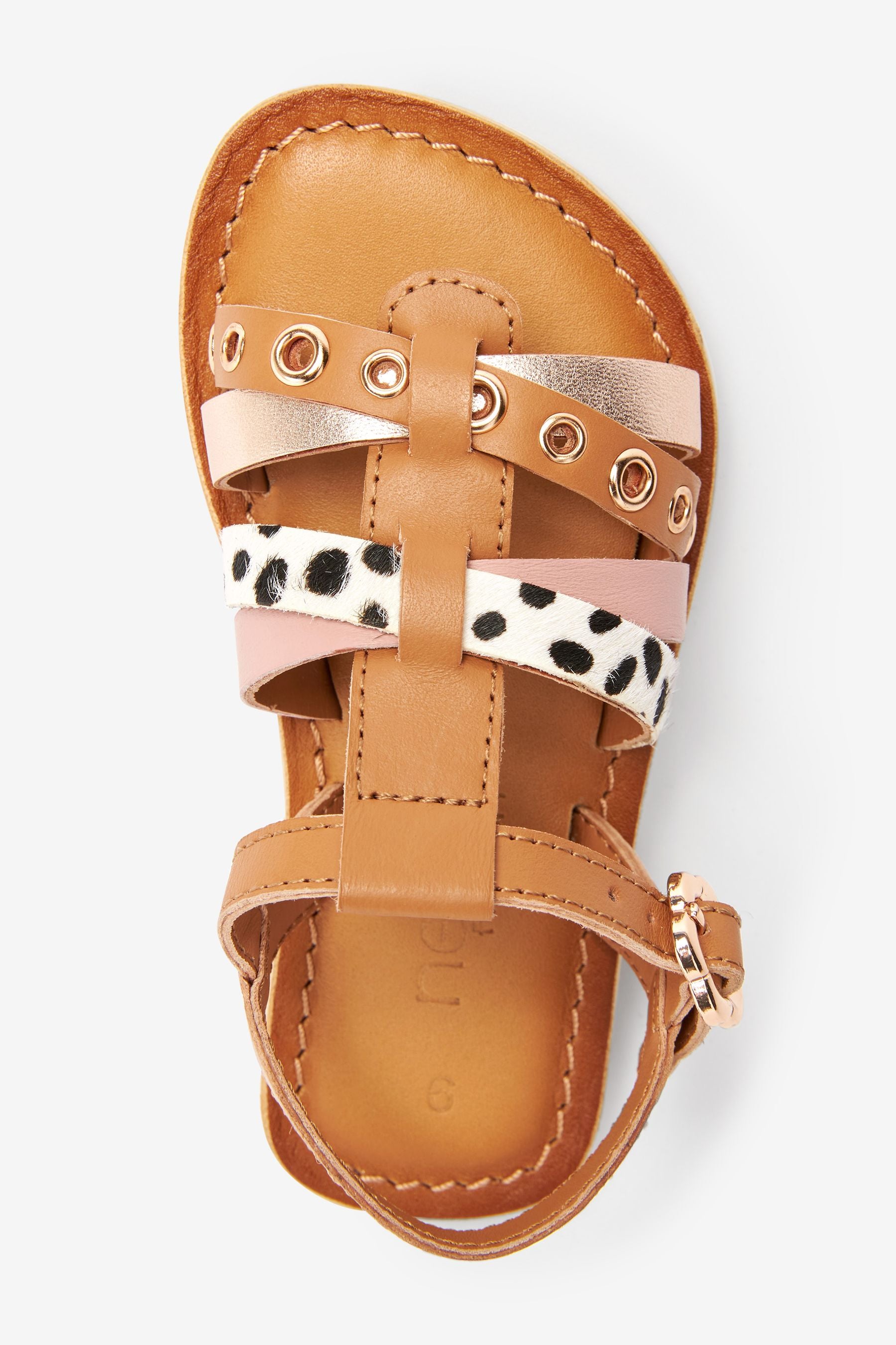 Tan Brown And Animal Print Leather Cross Strap Sandals