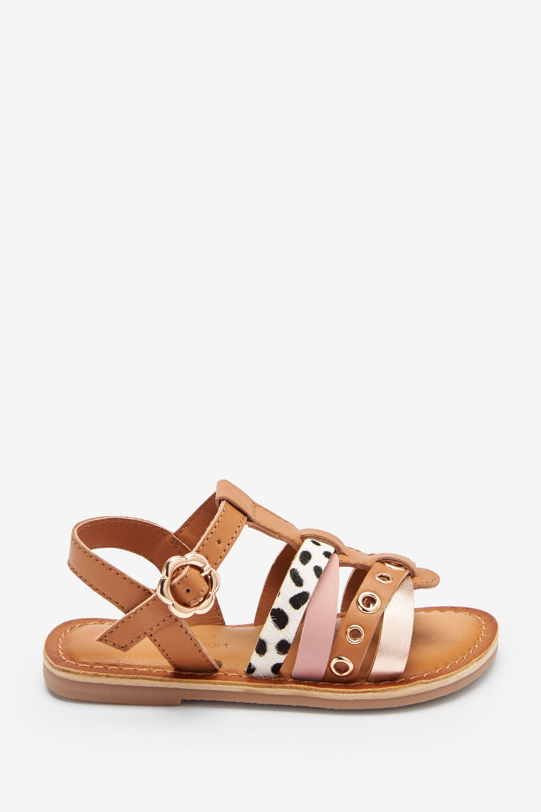 Tan Brown And Animal Print Leather Cross Strap Sandals