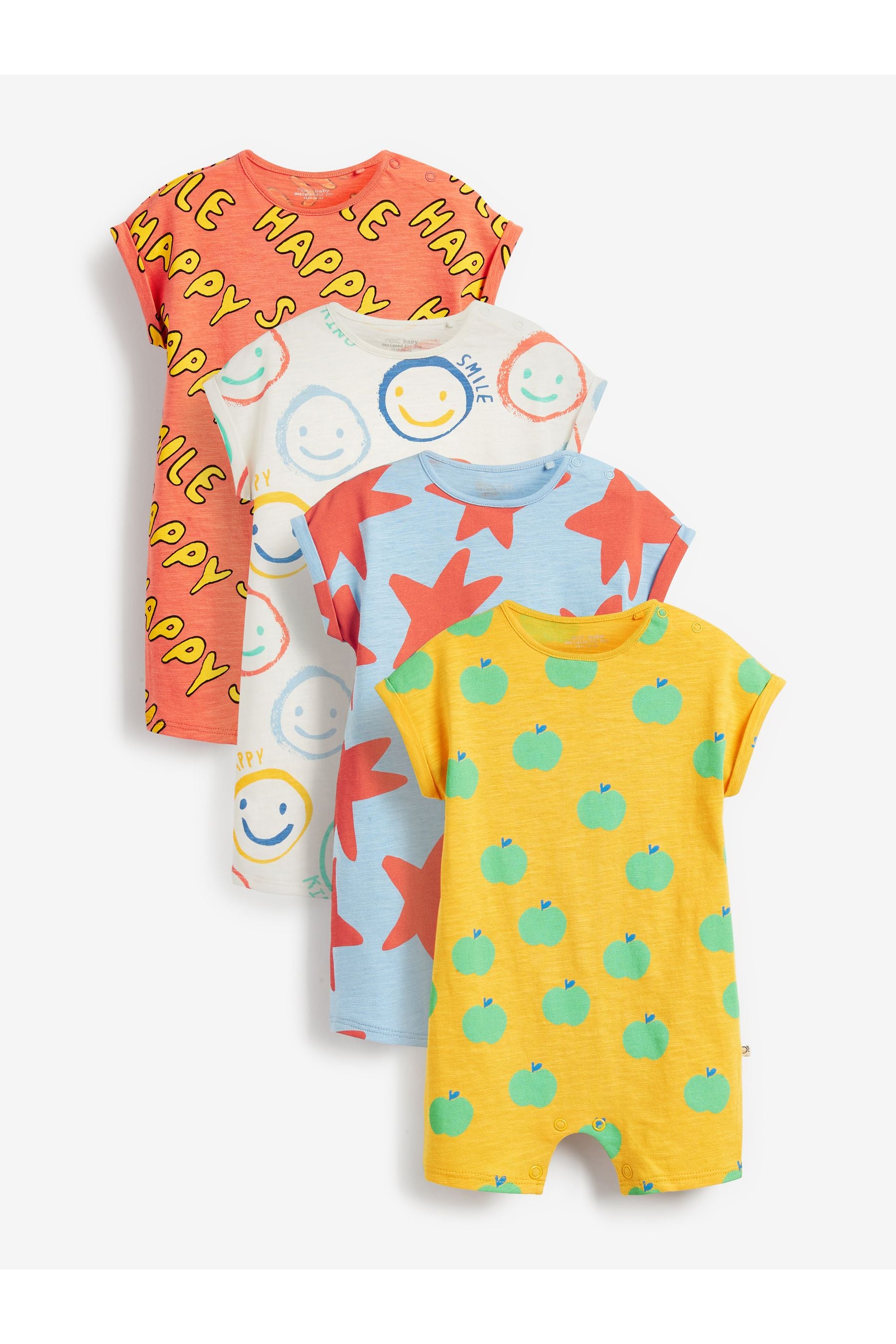 Bright Yellow Smile Face 4 Pack Baby Printed Rompers (0mths-3yrs)