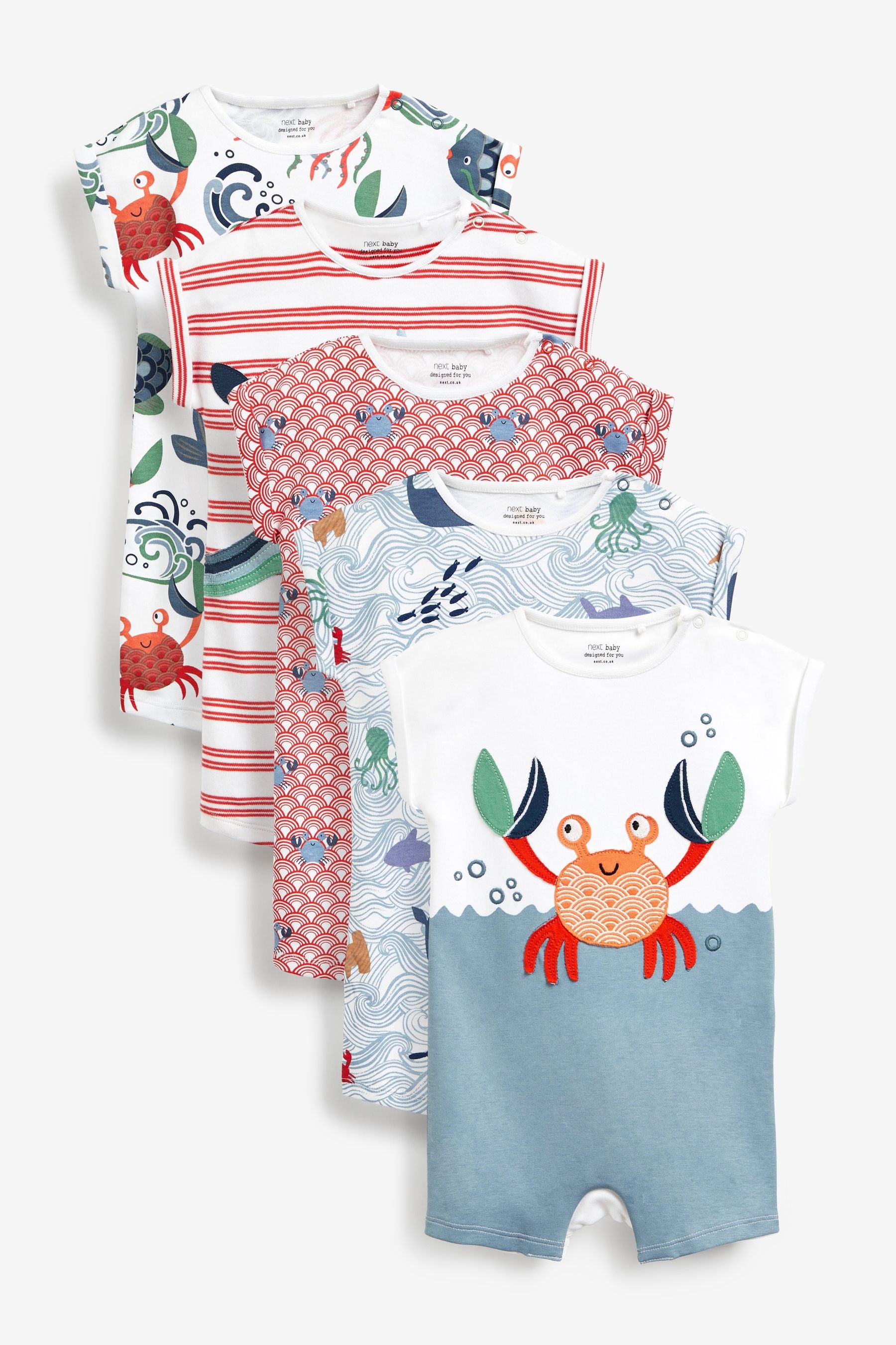 Blue Sealife 5 Pack Print Rompers (0mths-3yrs)